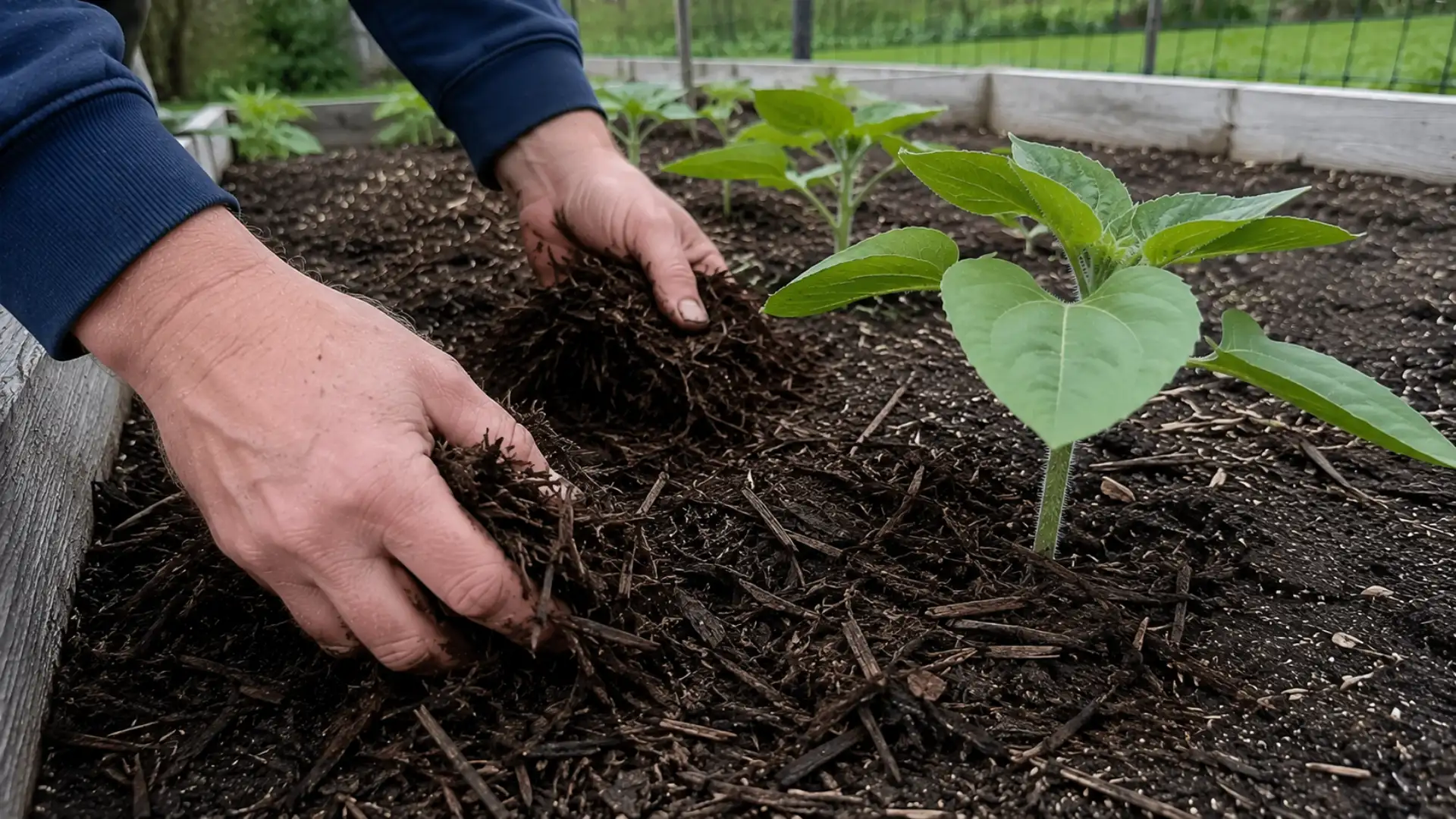gardener spreading mulch around young sunflower seedlings to control weeds outdoors