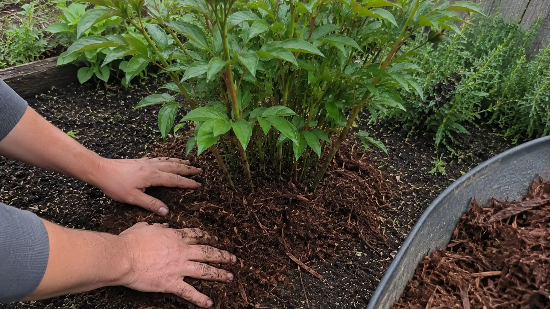 hands spreading mulch layer around base of peony garden plant