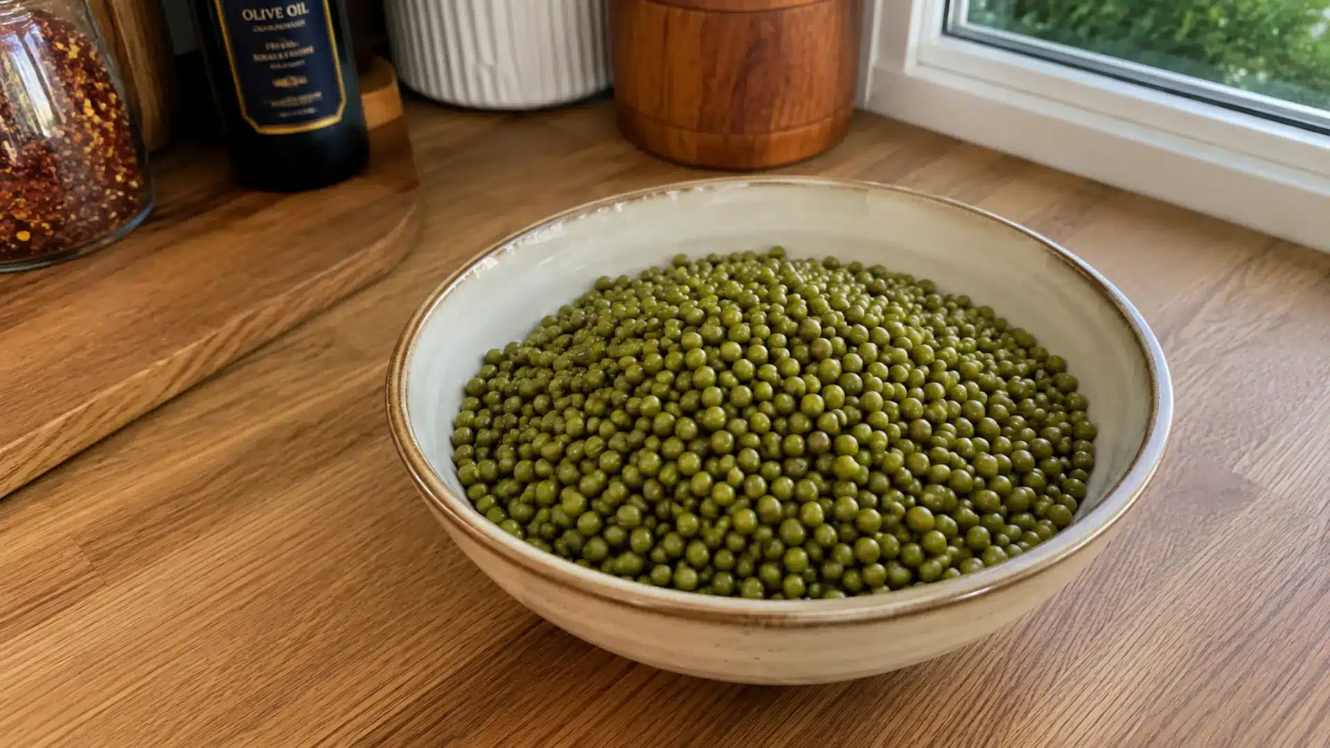 dry small green mung beans in a in a ceramic bowl on a wooden kitchen counter