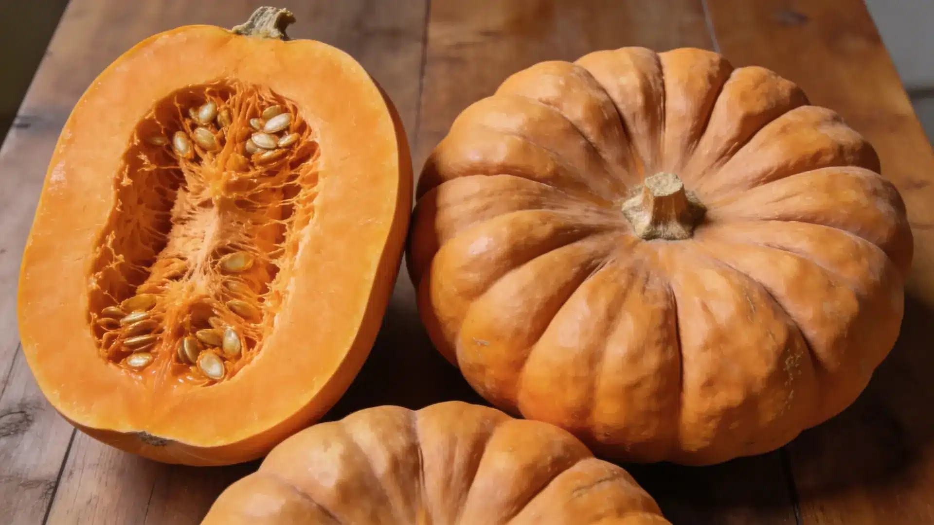 musquee de provence pumpkin halved and whole on a wooden table