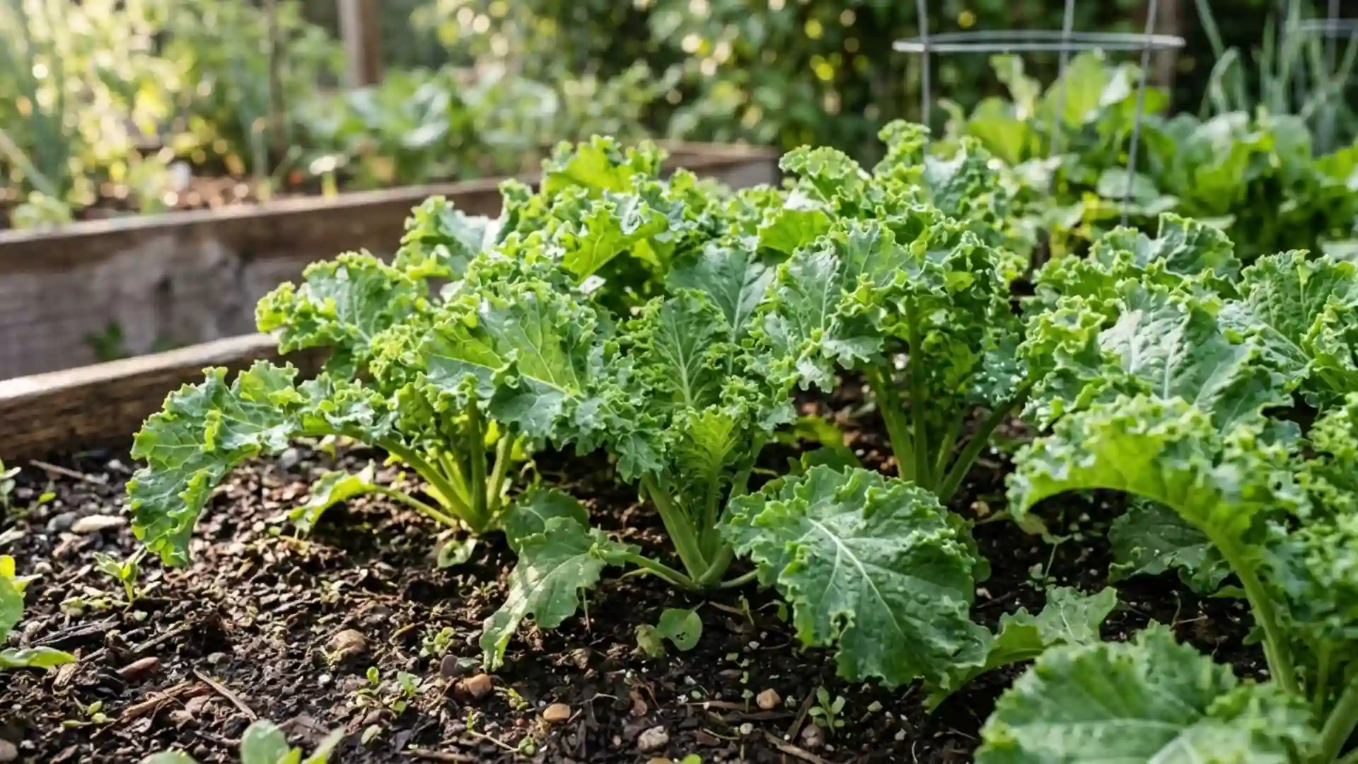 fresh green mustard leaves, growing in a home garden bed, photographed in natural daylight