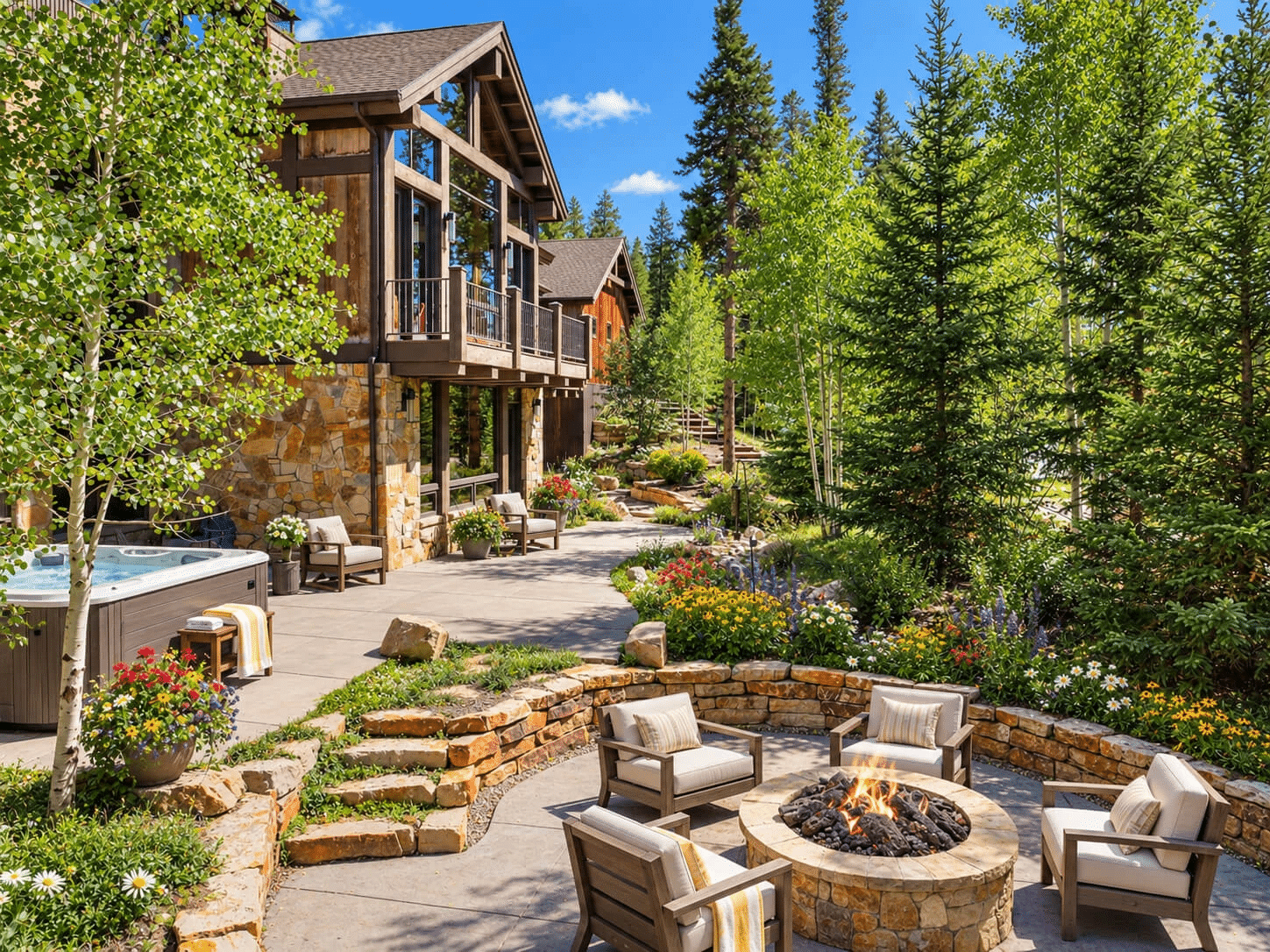 Rustic patio with stone fire pit surrounded by chairs, vibrant garden, and wooden cabin in background