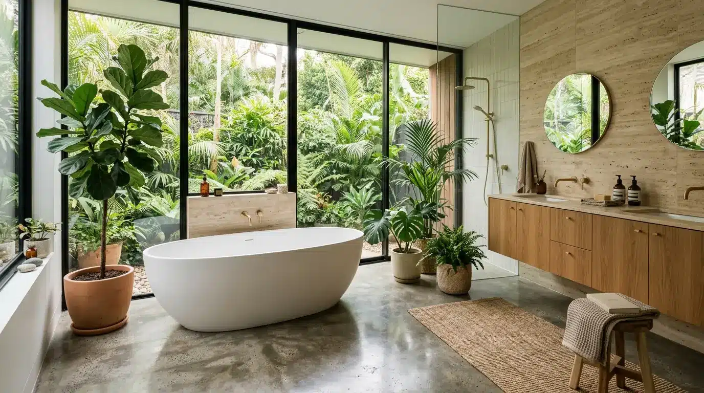 Modern bathroom with freestanding tub, wooden vanity, and large windows overlooking lush garden
