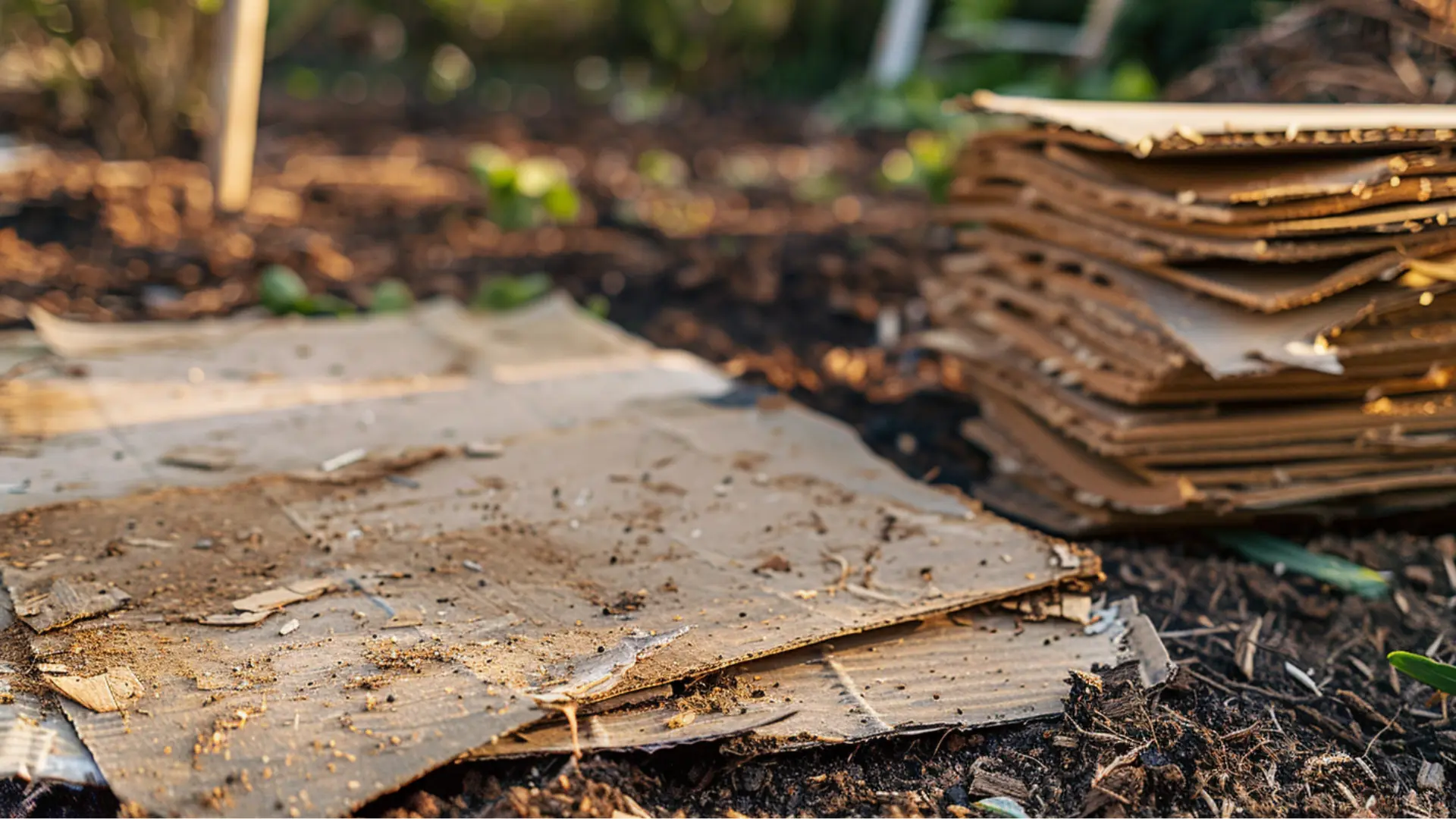 flattened cardboard sheets laid over garden soil for natural weed prevention