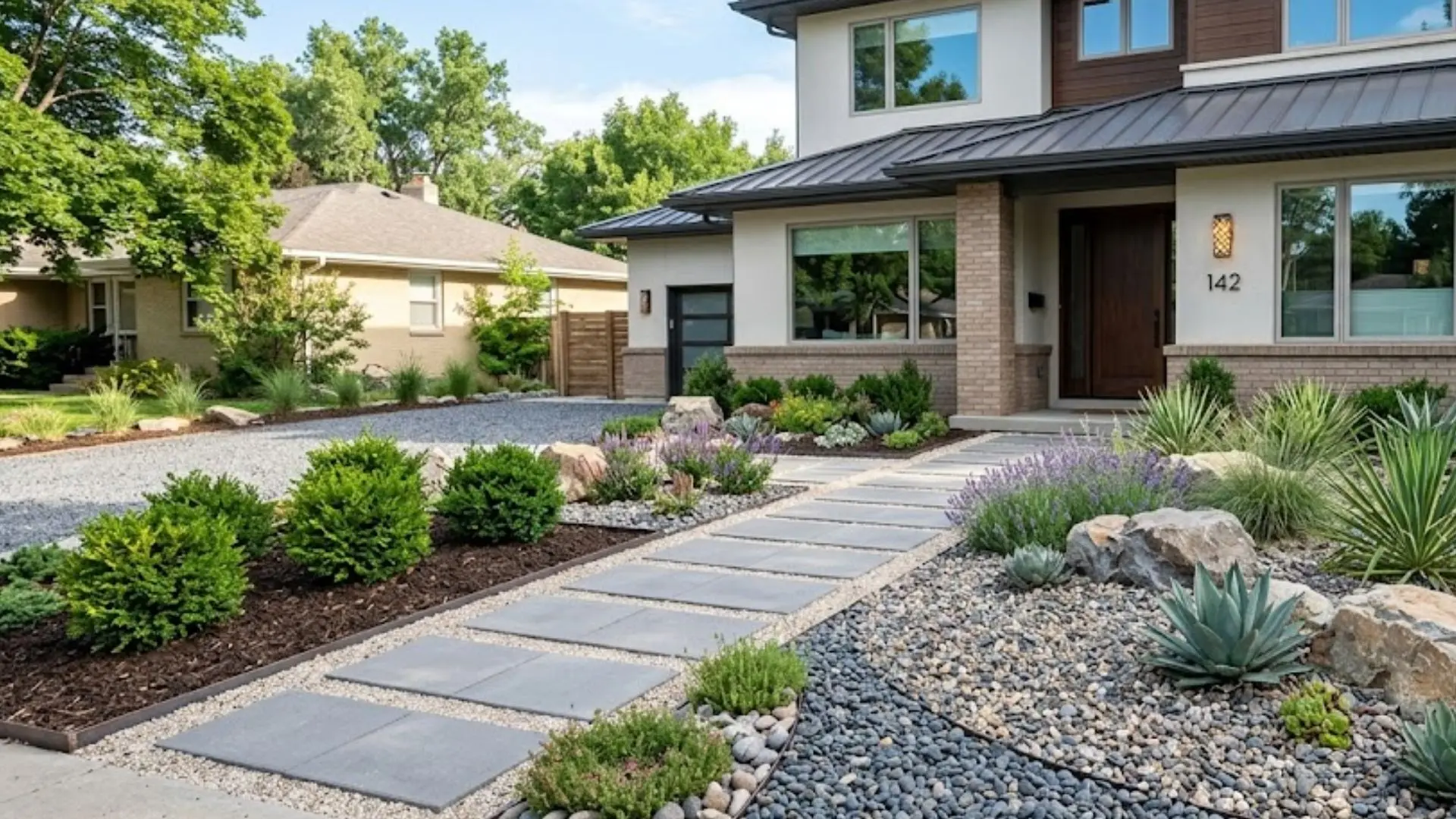 modern low-maintenance front yard with gravel, pavers, shrubs, succulents, and natural rocks