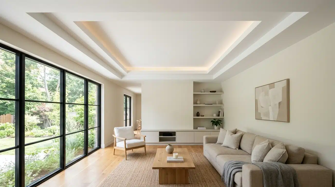 living room with a sectional sofa, armchair, coffee table, built-in shelves, artwork, and garden views through tall windows