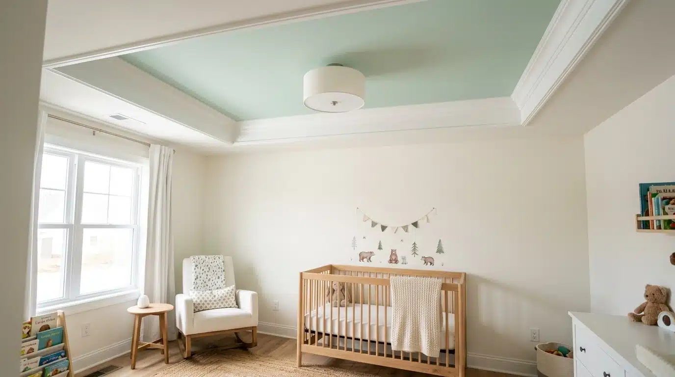 nursery with a crib, rocking chair, window, dresser, stuffed bear, books, and animal wall decorations