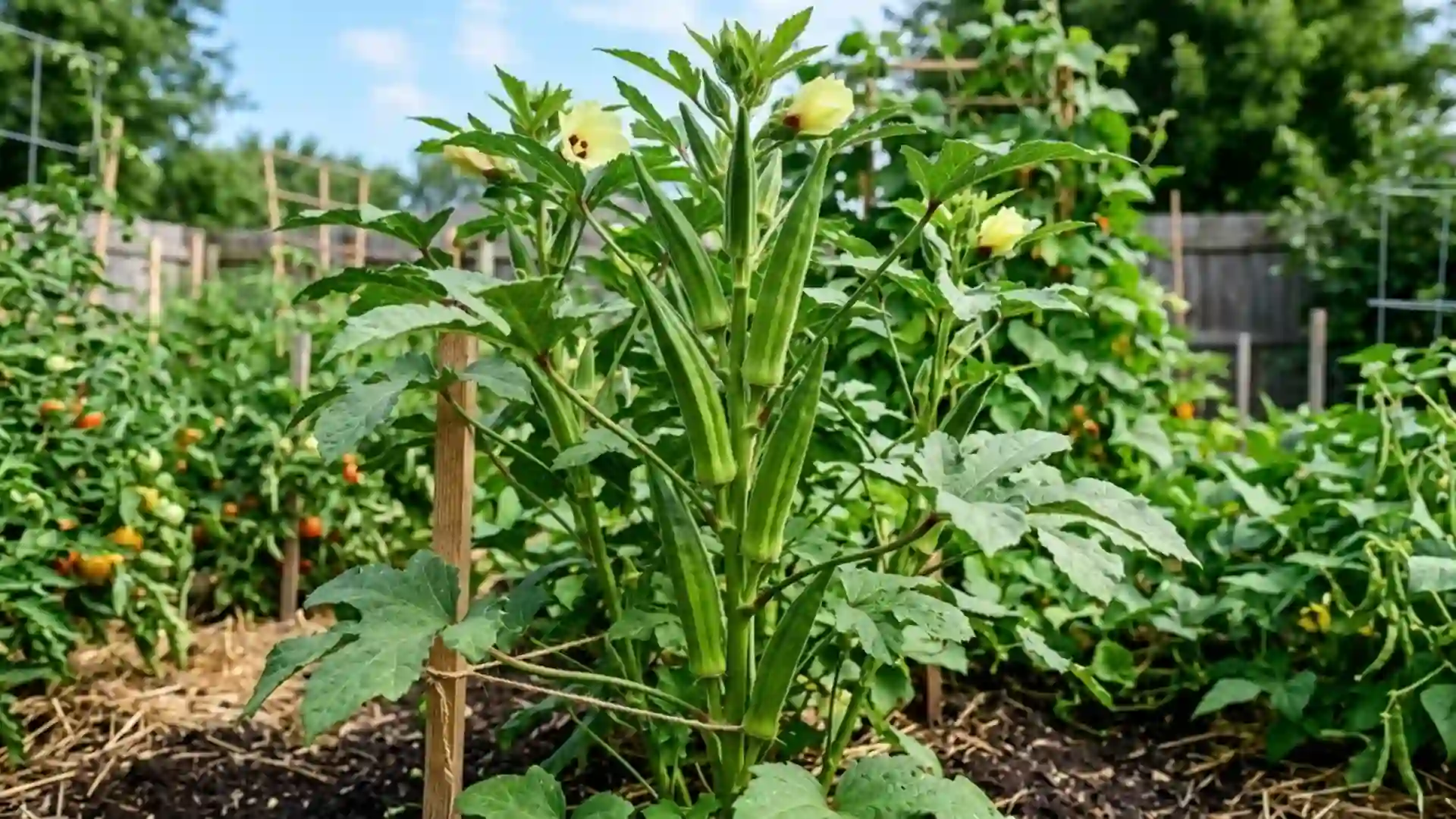 fresh green okra pods still growing in a home garden bed, photographed in natural daylight