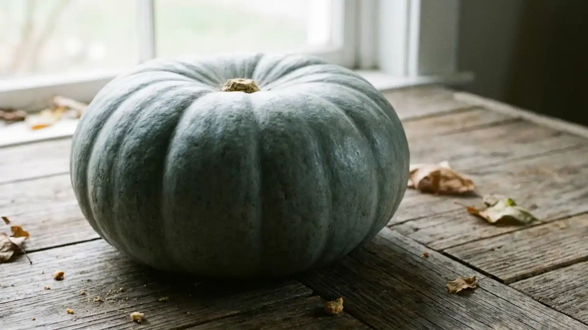 blue gray one too many pumpkin on wooden surface