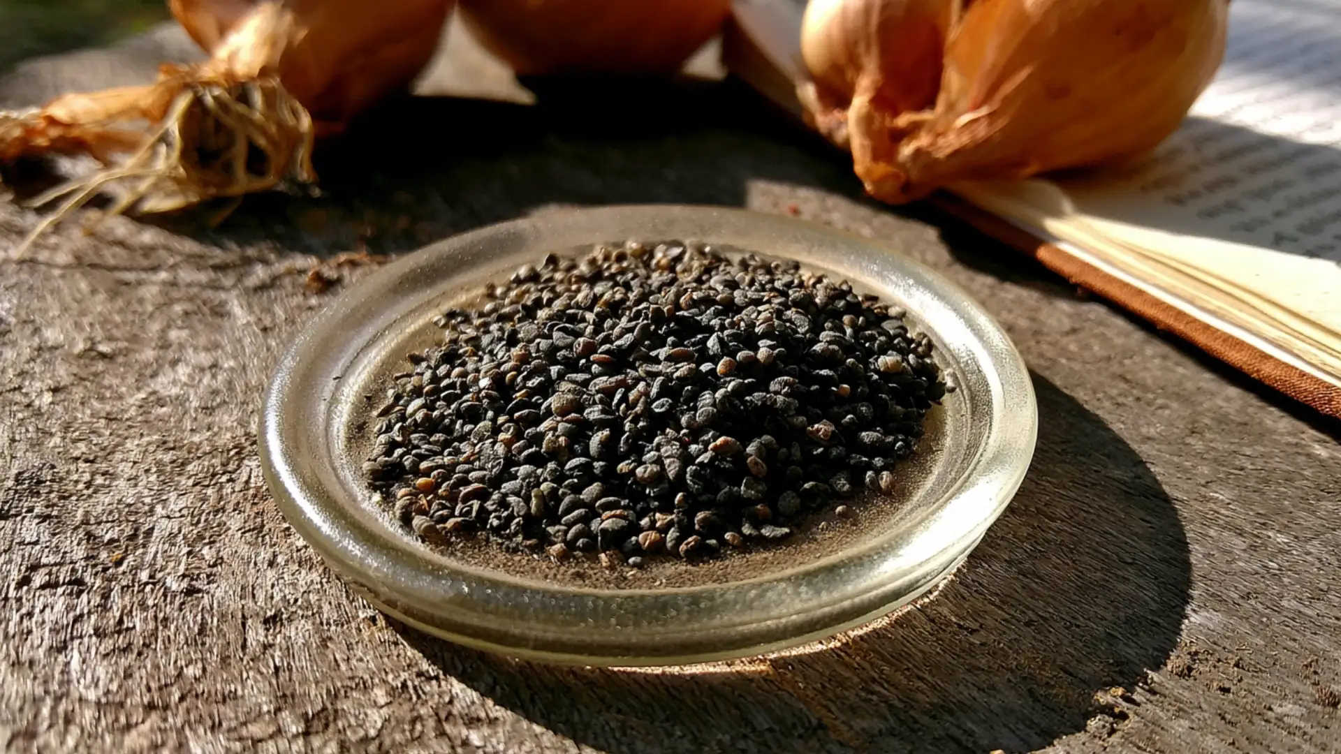 onion seeds poured into a glass jar lid on a wooden table beside onion bulbs and a garden journal