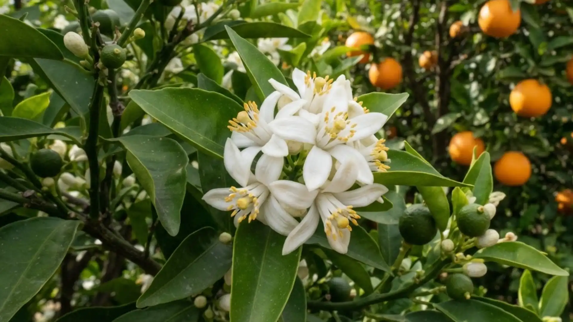 white orange blossoms on a leafy citrus tree with small green fruit and ripe oranges in background