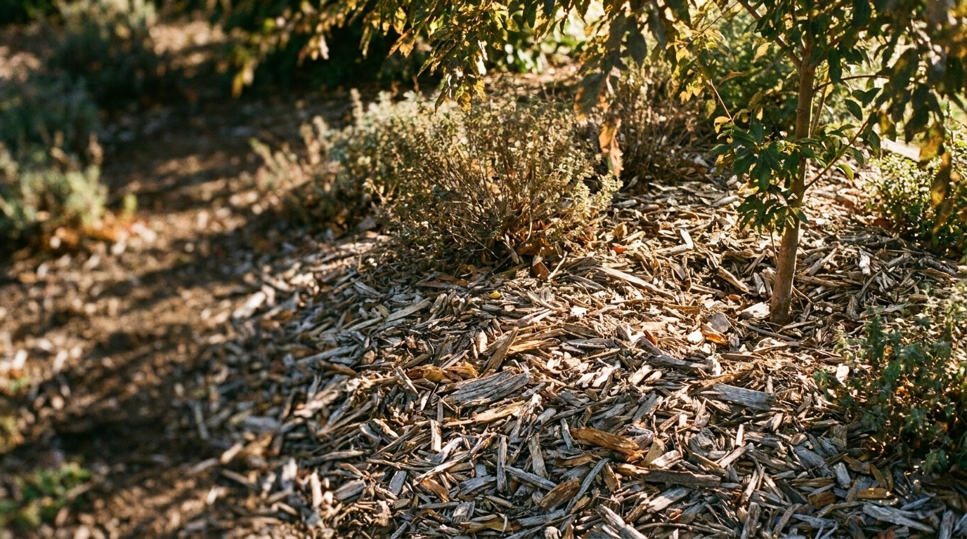 Mulch and small plant under a tree in a sunny garden setting