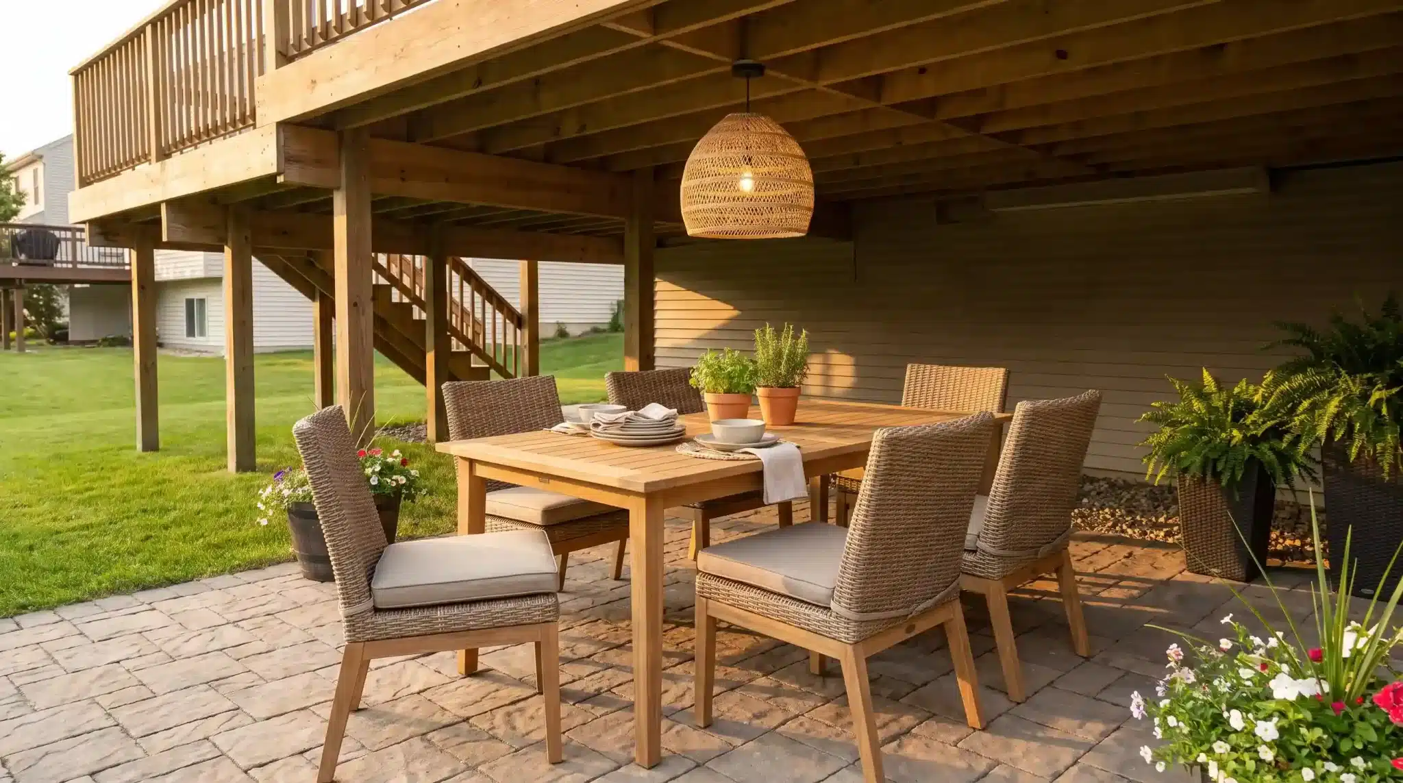 outdoor dining area beneath a raised deck with a wooden table, woven chairs, and potted plants