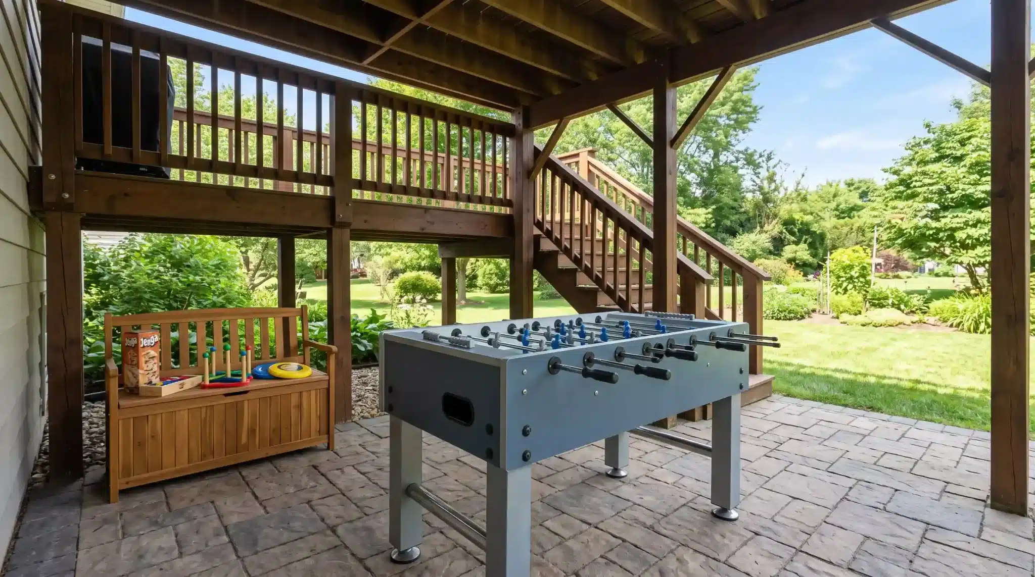 outdoor game area with a foosball table and lawn games on a paved patio beneath a raised deck