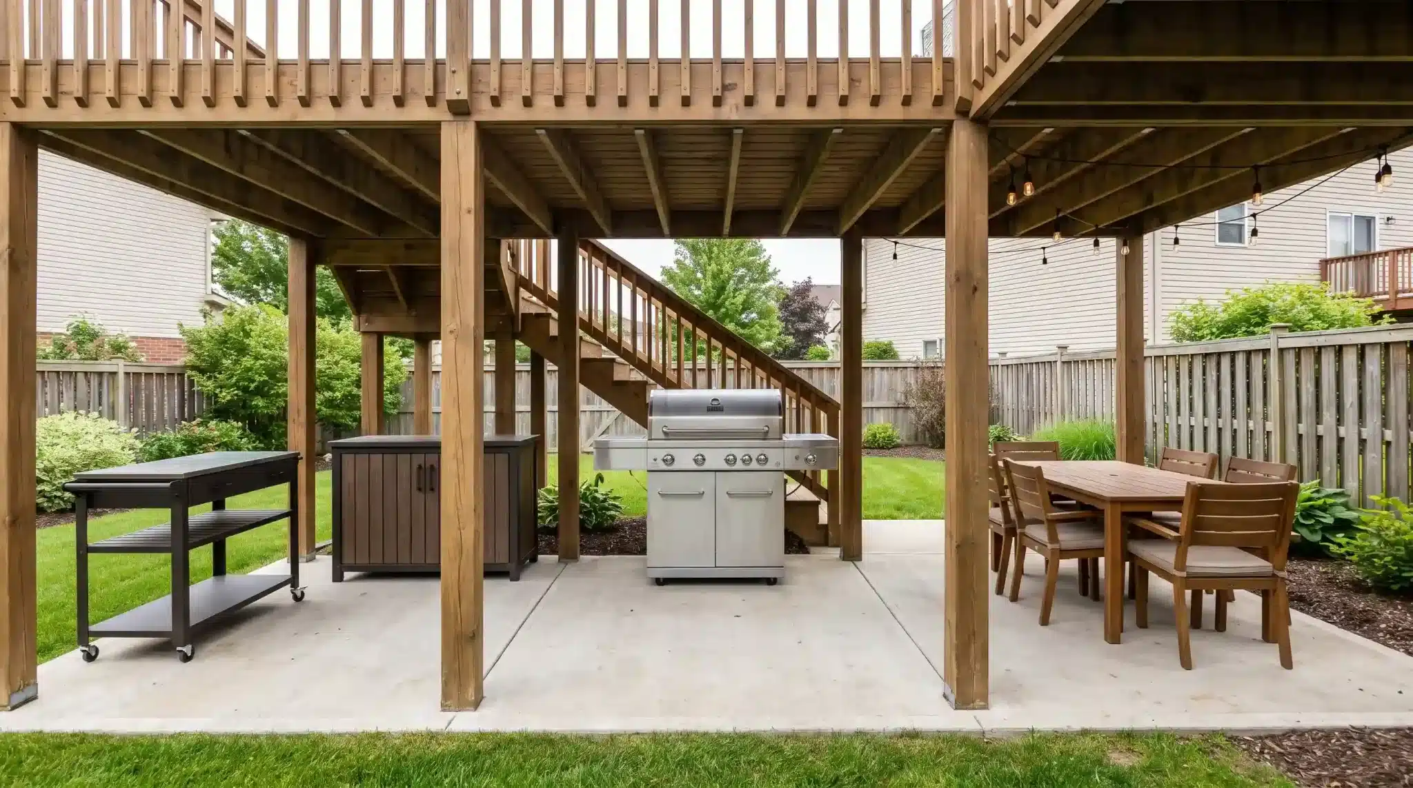 outdoor grilling station with a gas grill, prep carts, and dining table beneath a raised wooden deck
