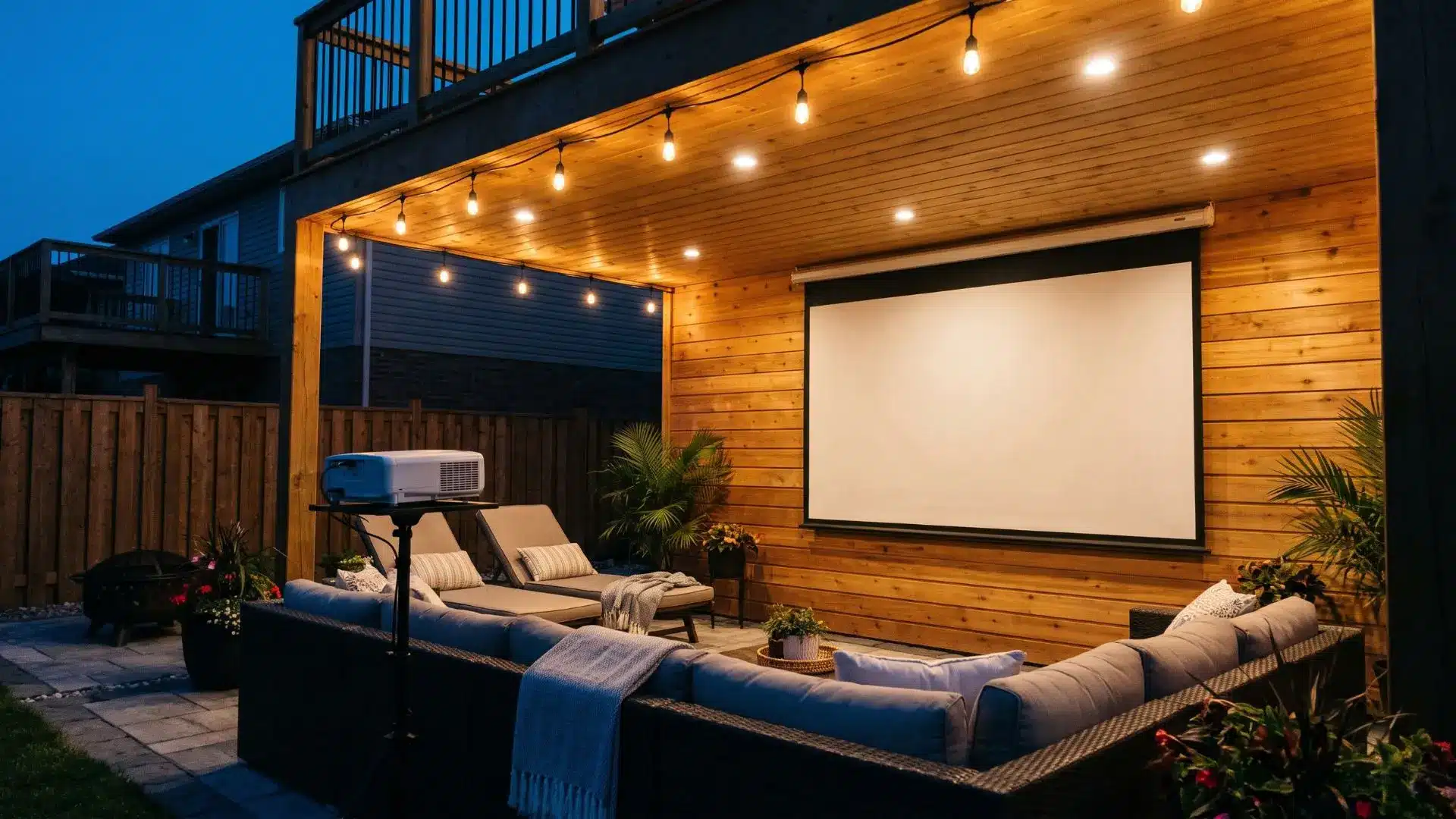 outdoor movie area with a projector screen, cushioned seating, and string lights beneath a covered patio