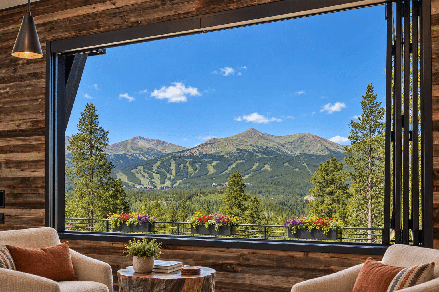Mountain view from rustic living room with large window and colorful flowerpots on sill