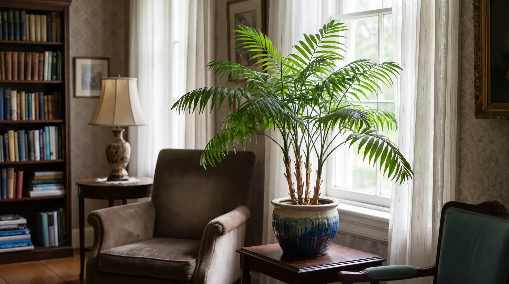 large parlor palm with arching green fronds in a ceramic pot beside a bright living room window