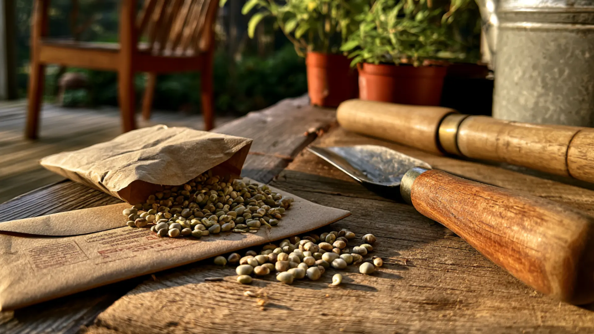 dried pea seeds spilling from a brown paper envelope onto a wooden porch table with garden tools