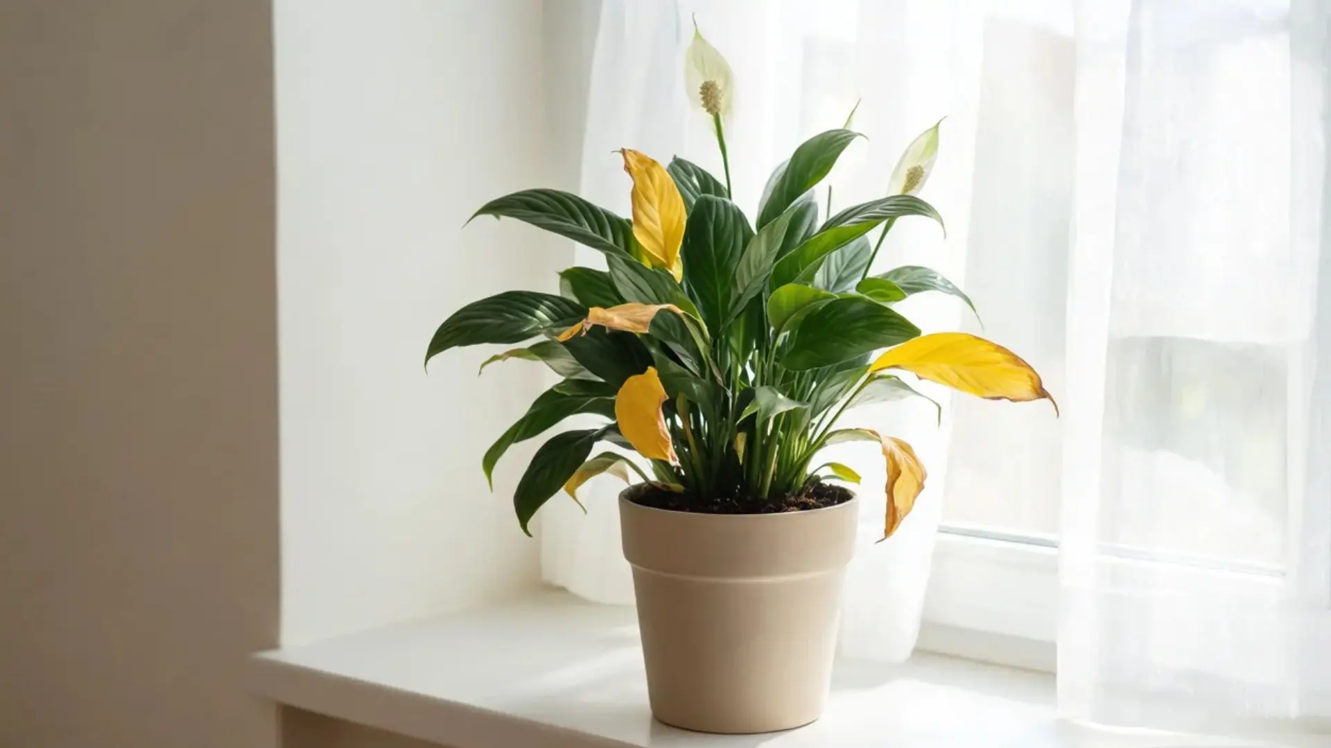 peace lily with yellow and green leaves in a pot near a bright indoor window with curtains