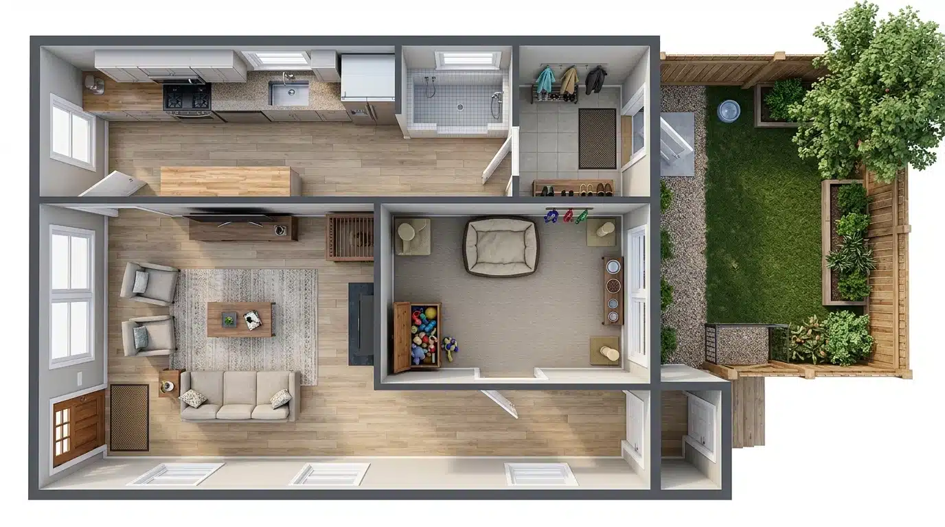 floor plan of a two-bedroom apartment, showing room layout, dimensions, and placement of doors and windows