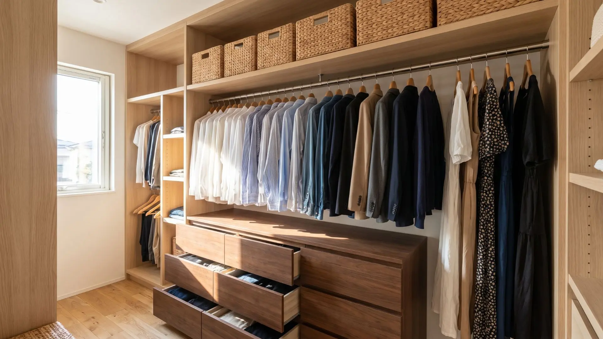 wooden dresser fitted inside a walk-in closet beneath hanging clothes and woven storage baskets