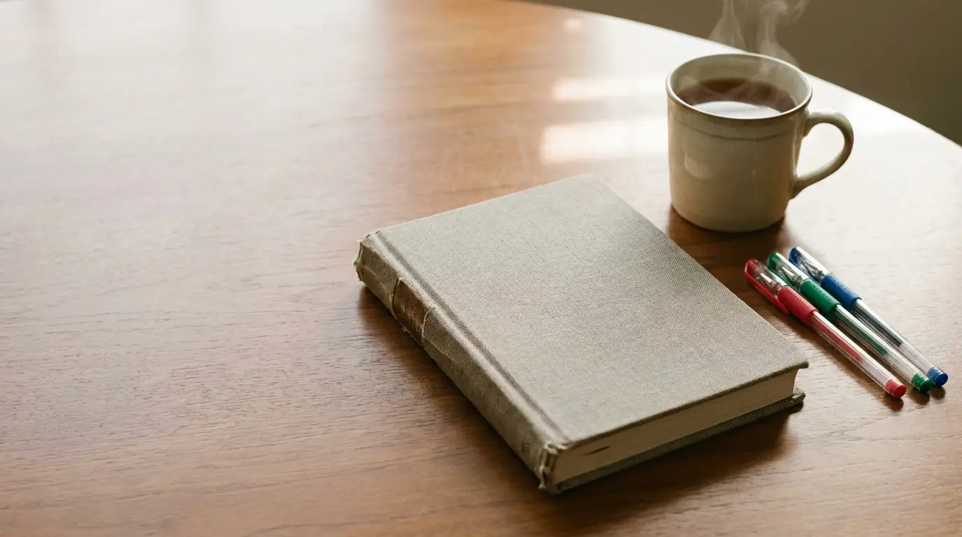 Closed book with fabric cover beside steaming cup and pens on wooden table