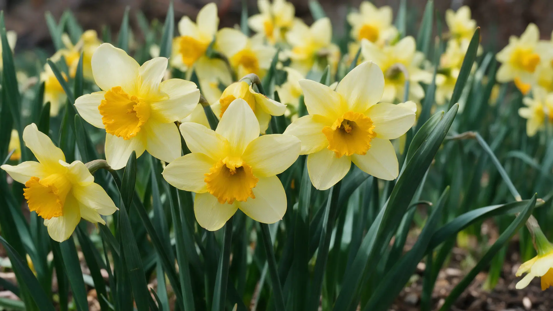 pale yellow daffodils with golden trumpet centers blooming among upright green leaves in a garden bed