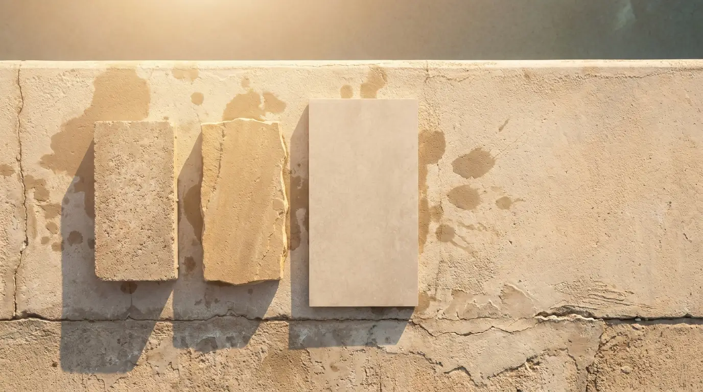 Three beige stone tiles with water stains on rough concrete surface in warm sunlight