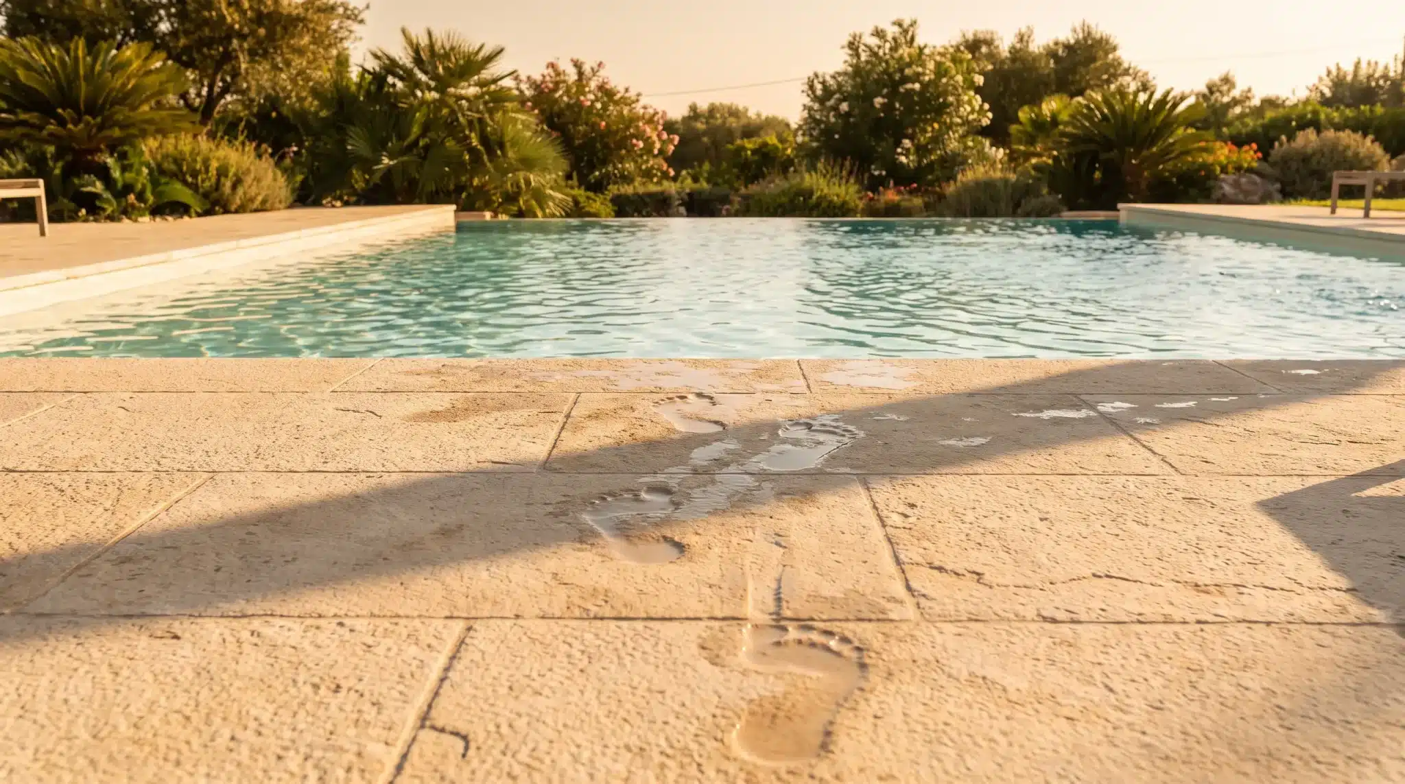Wet footprints leading from stone poolside under warm sunlight with lush greenery in background