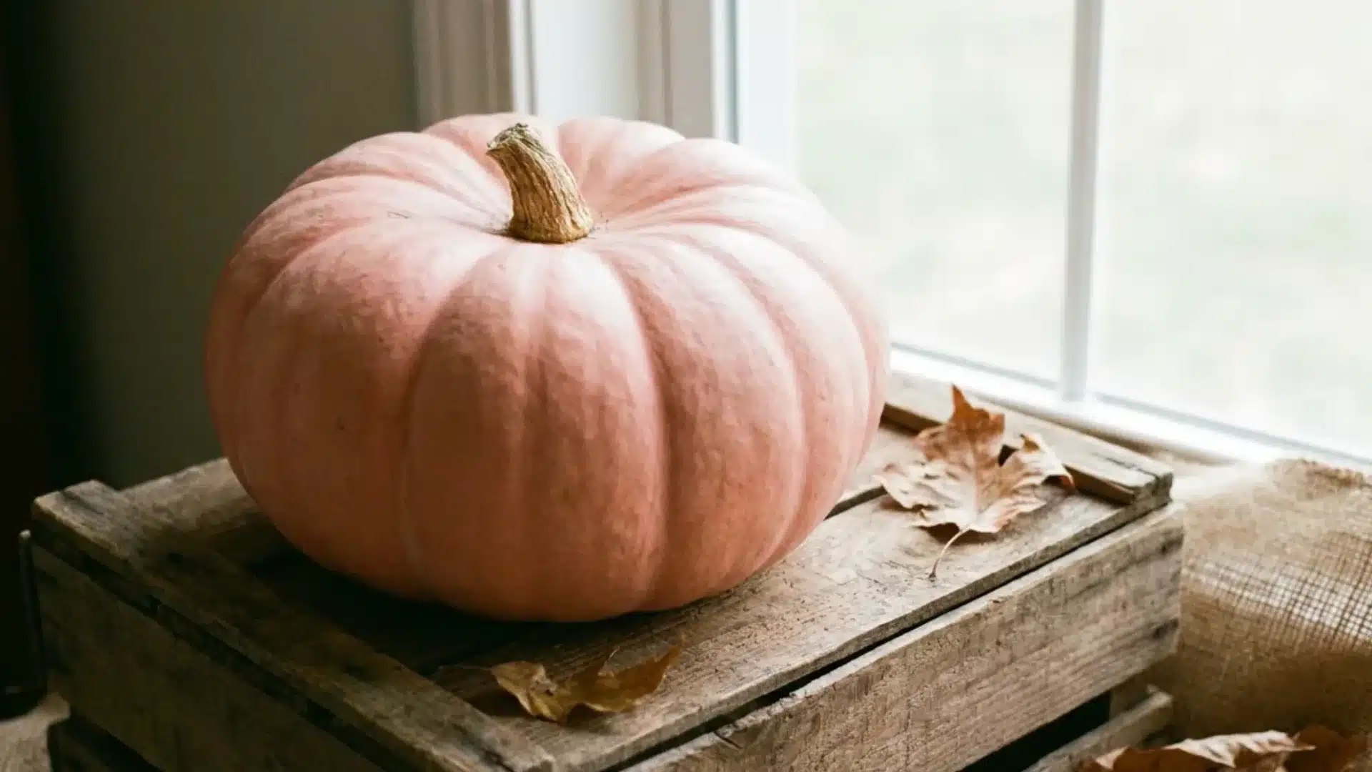 soft pink porcelain doll pumpkin on wooden crate