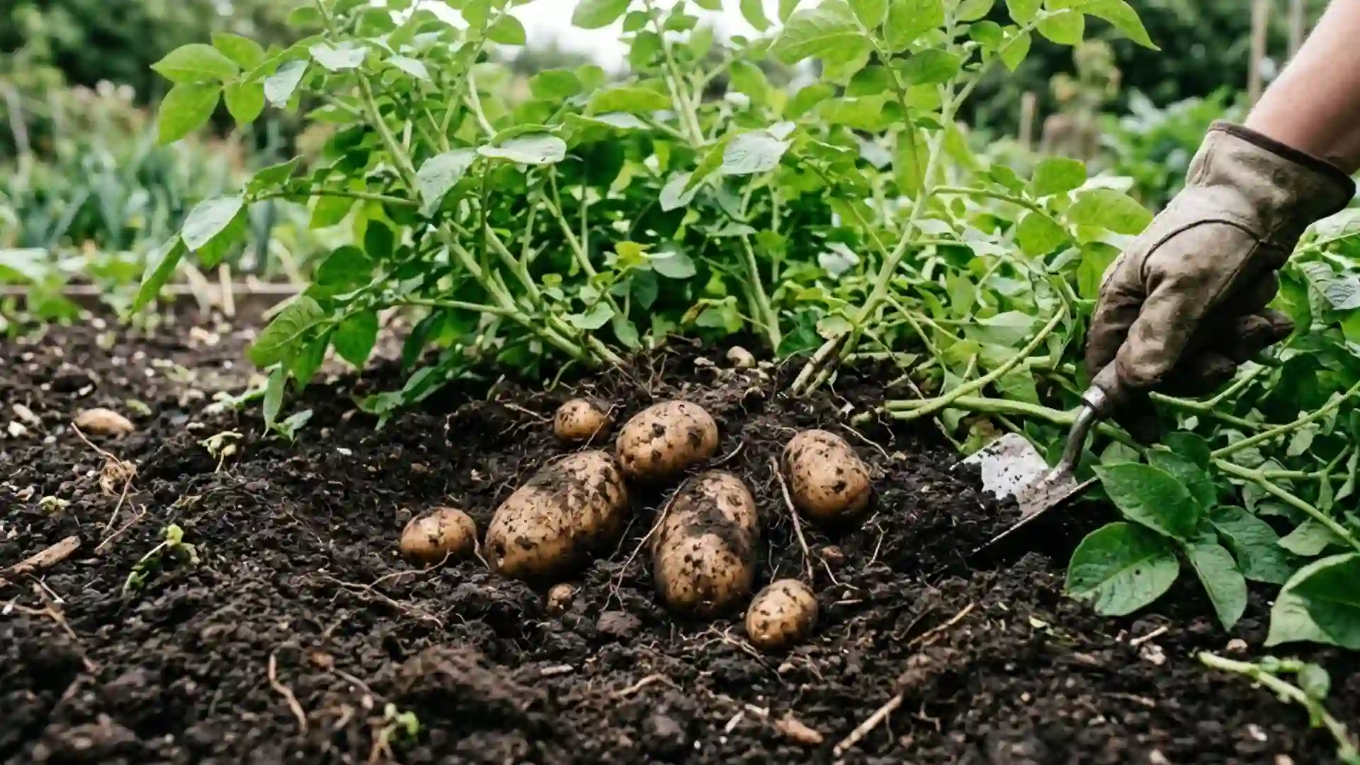 brown potato tubers in soil growing in a home garden bed, photographed in natural daylight