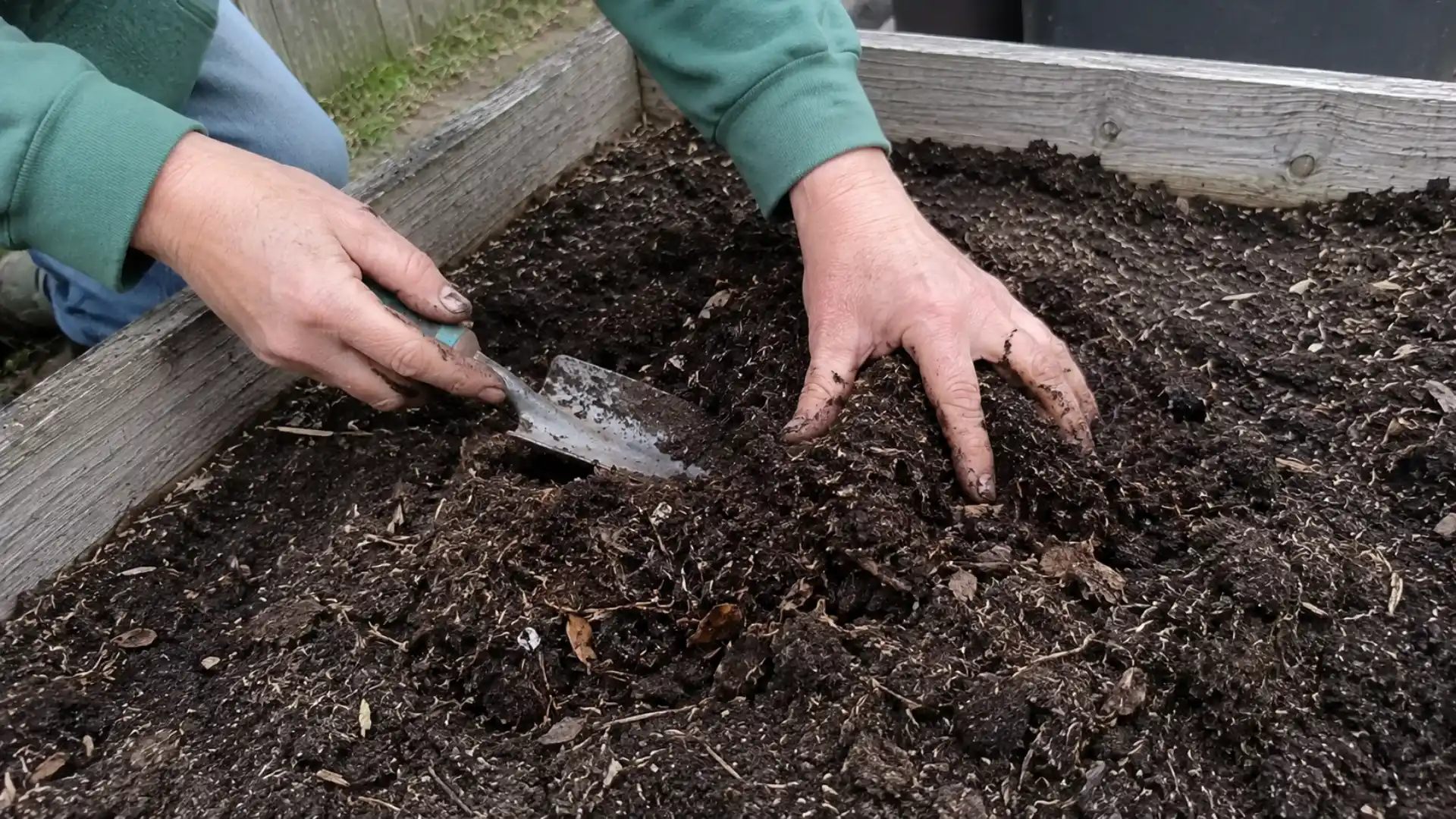 gardener mixing compost into soil before planting sunflower seeds in raised garden bed