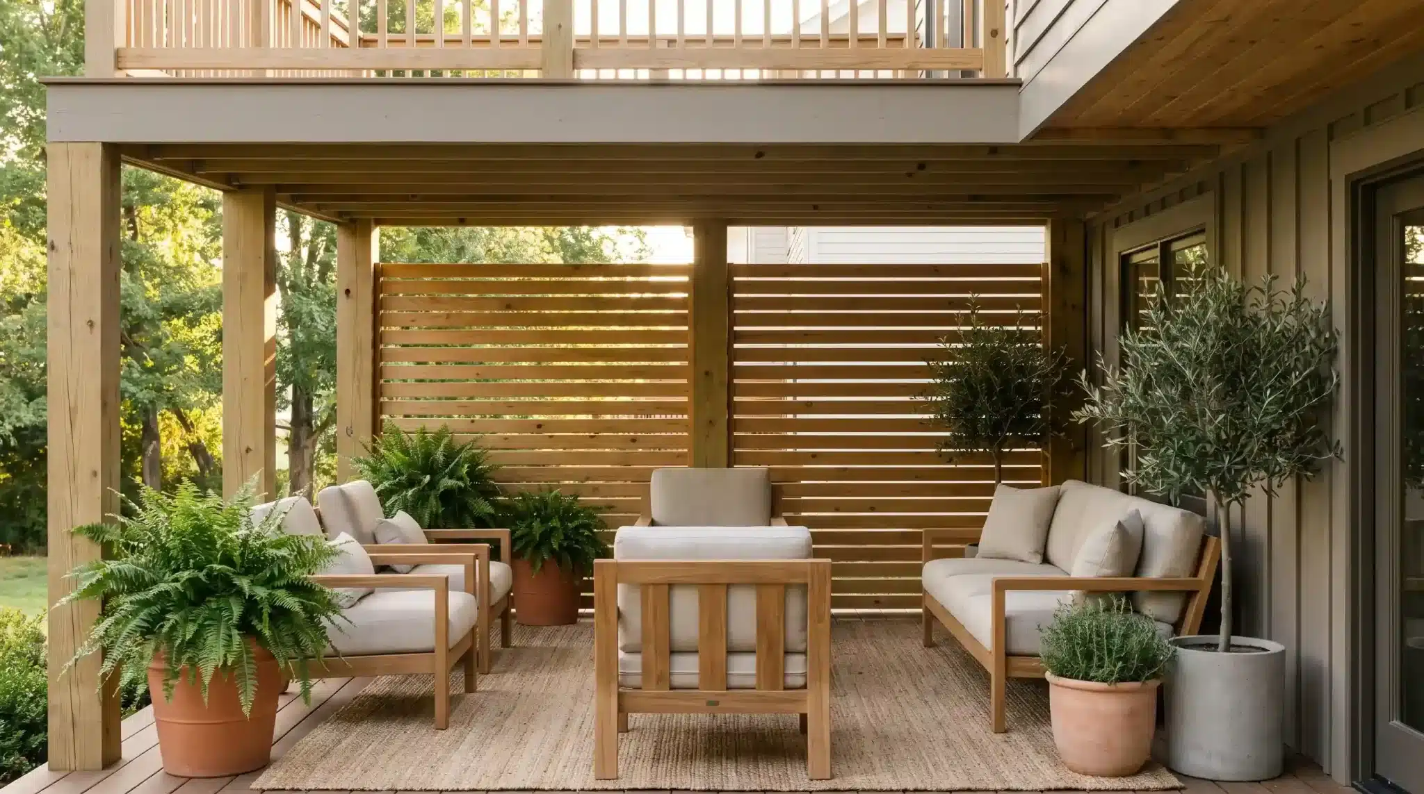 wooden privacy screens surrounding a furnished seating area with potted plants beneath a raised deck