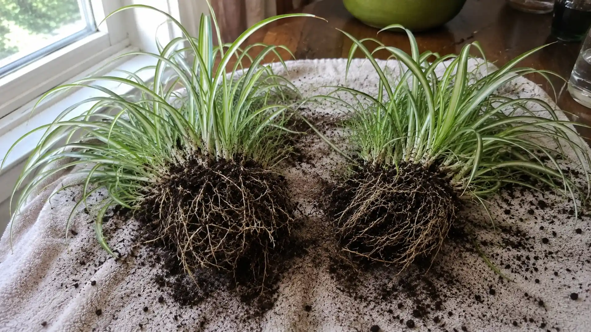 spider plant rootball divided into two separate sections with roots exposed