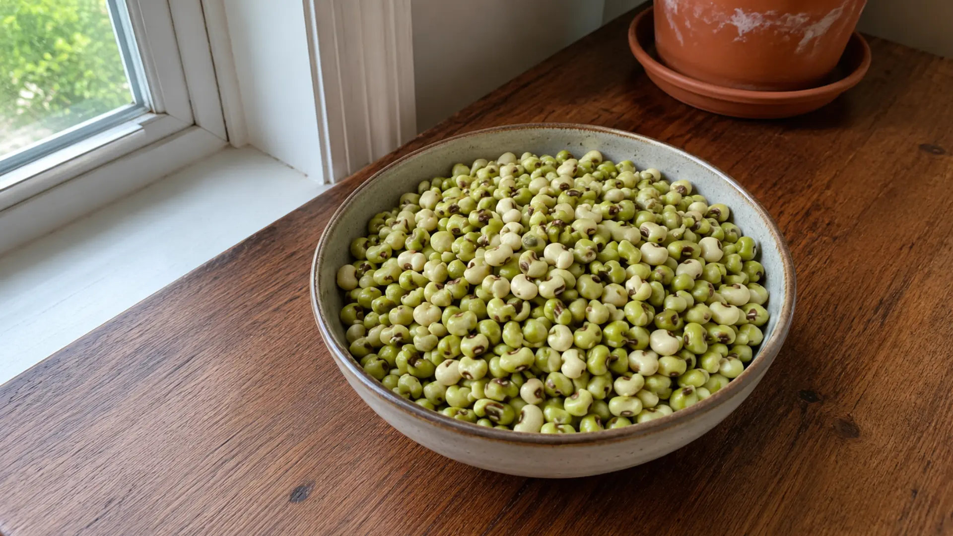 purple hull shelled peas in a ceramic bowl kept on a kitchen wooden counter