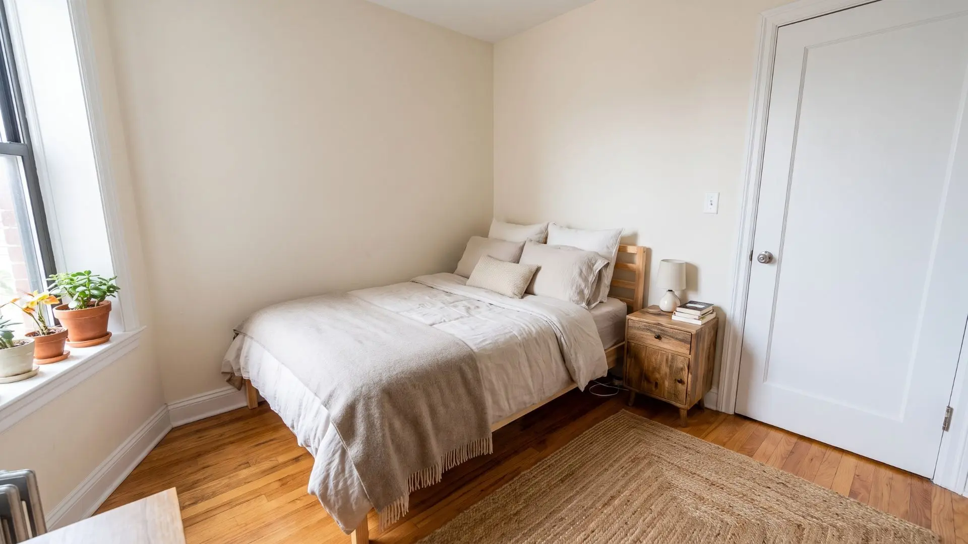 bed placed against two walls in a small bedroom corner beside a wooden nightstand and window plants