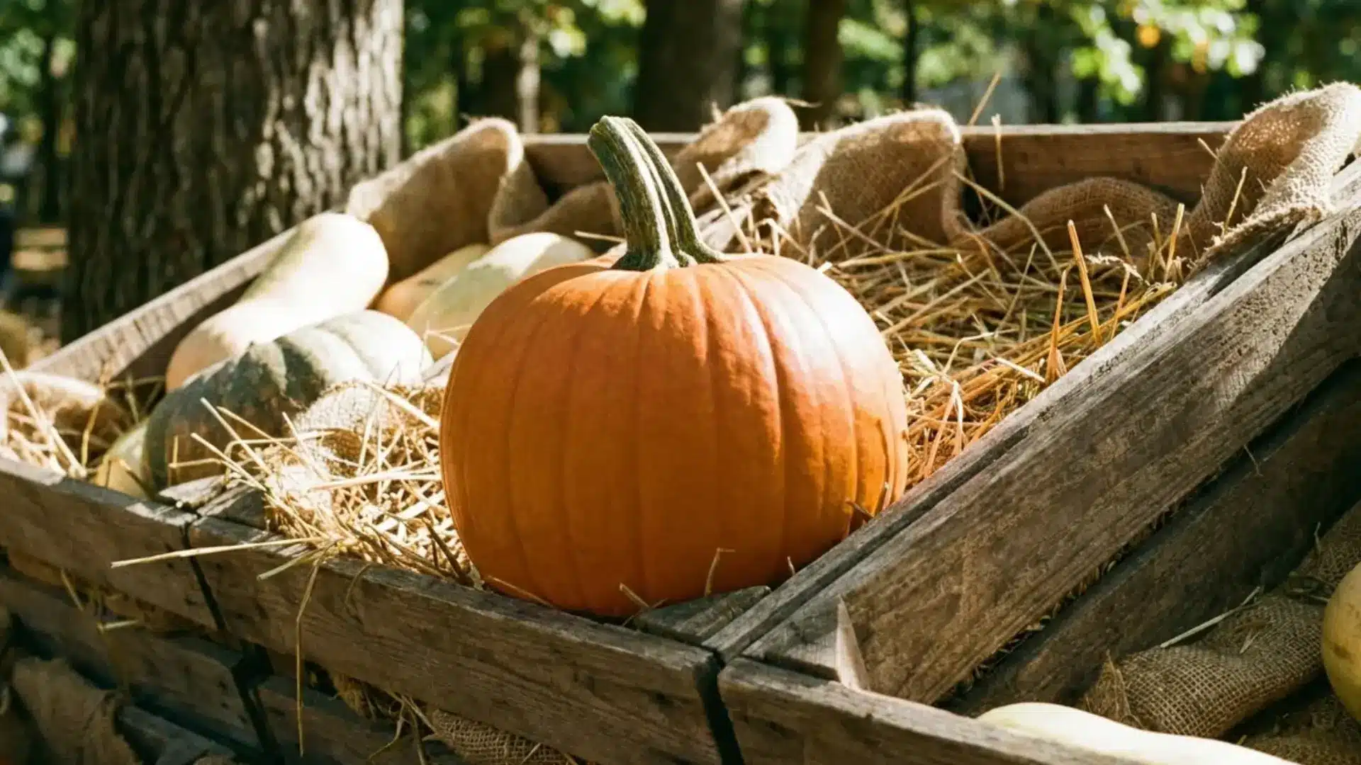 medium sized racer pumpkin in a rustic crate
