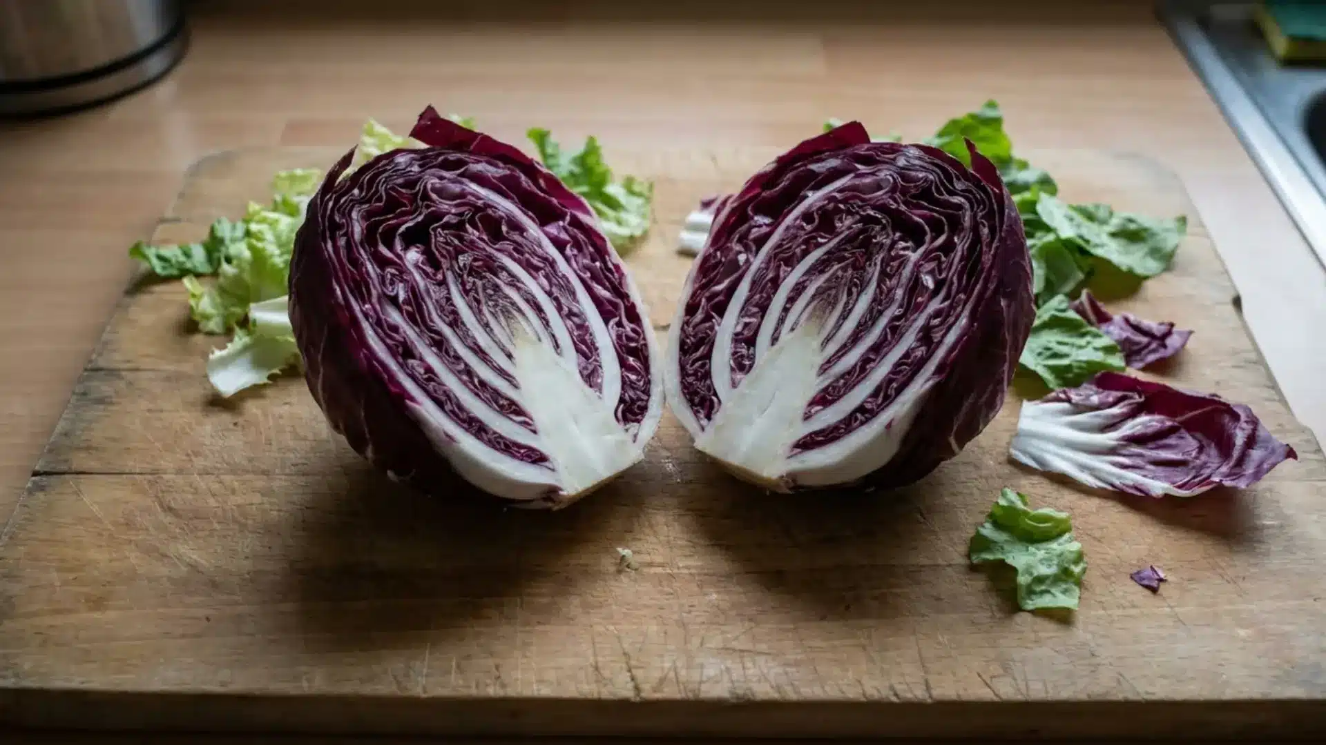 fresh radicchio cut into two halves on a wooden cutting board, showing deep purple leaves and white ribs