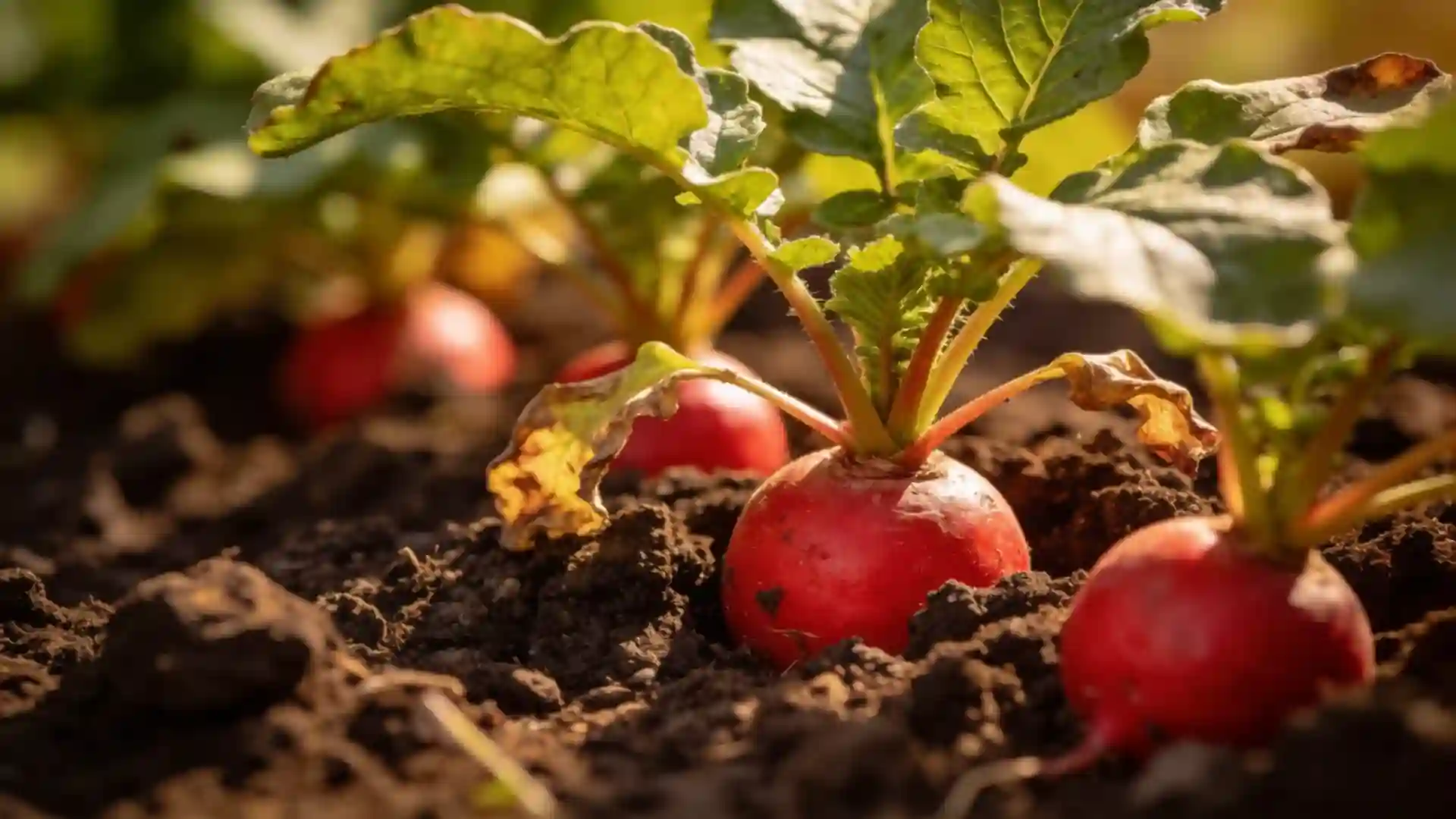 fresh red radish bulb still growing in a home garden bed, photographed in natural daylight