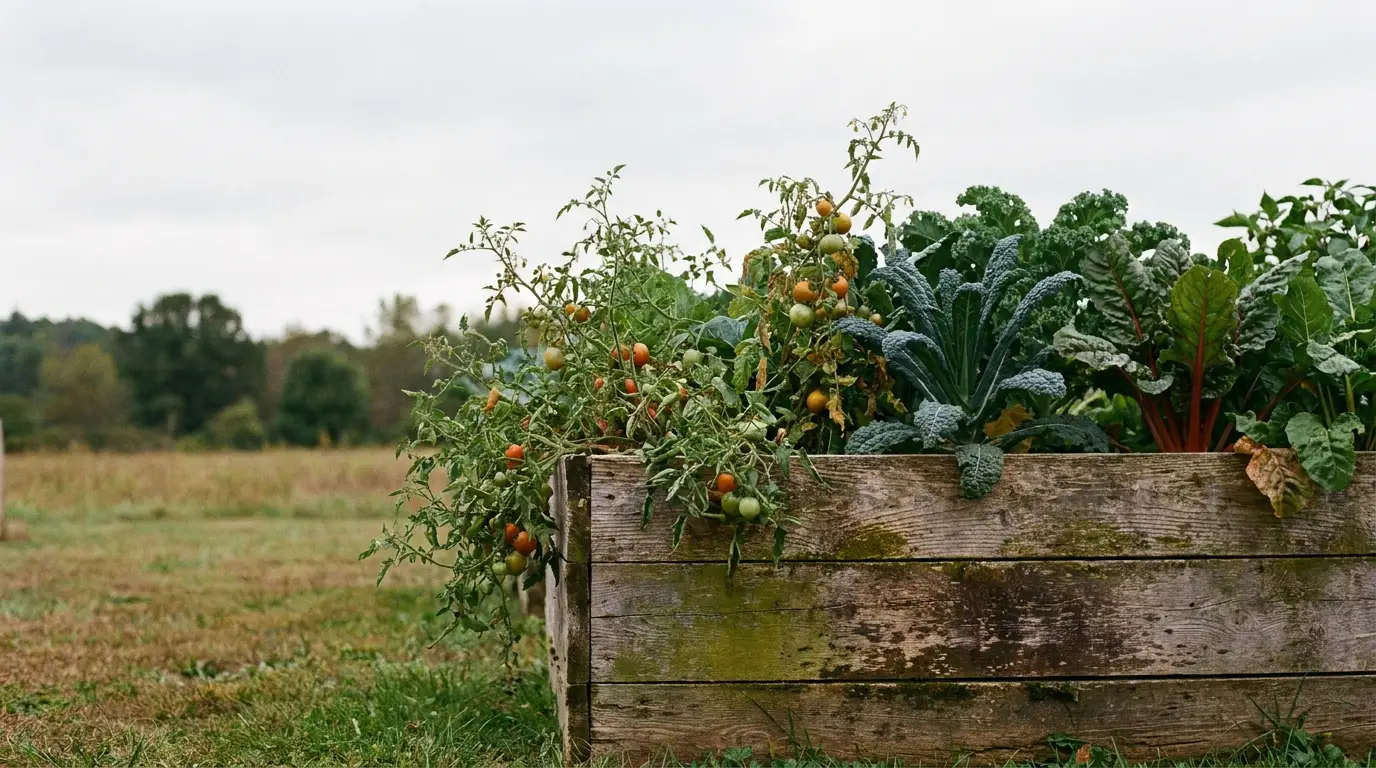 Raised garden bed with kale and tomatoes in lush outdoor field setting