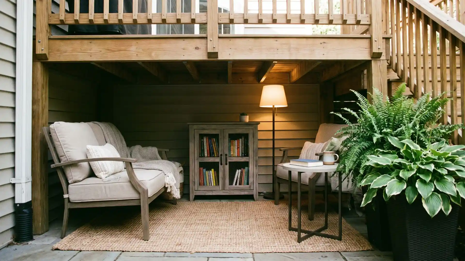 reading nook beneath a raised deck with cushioned chairs, a small bookcase, floor lamp, and potted plants