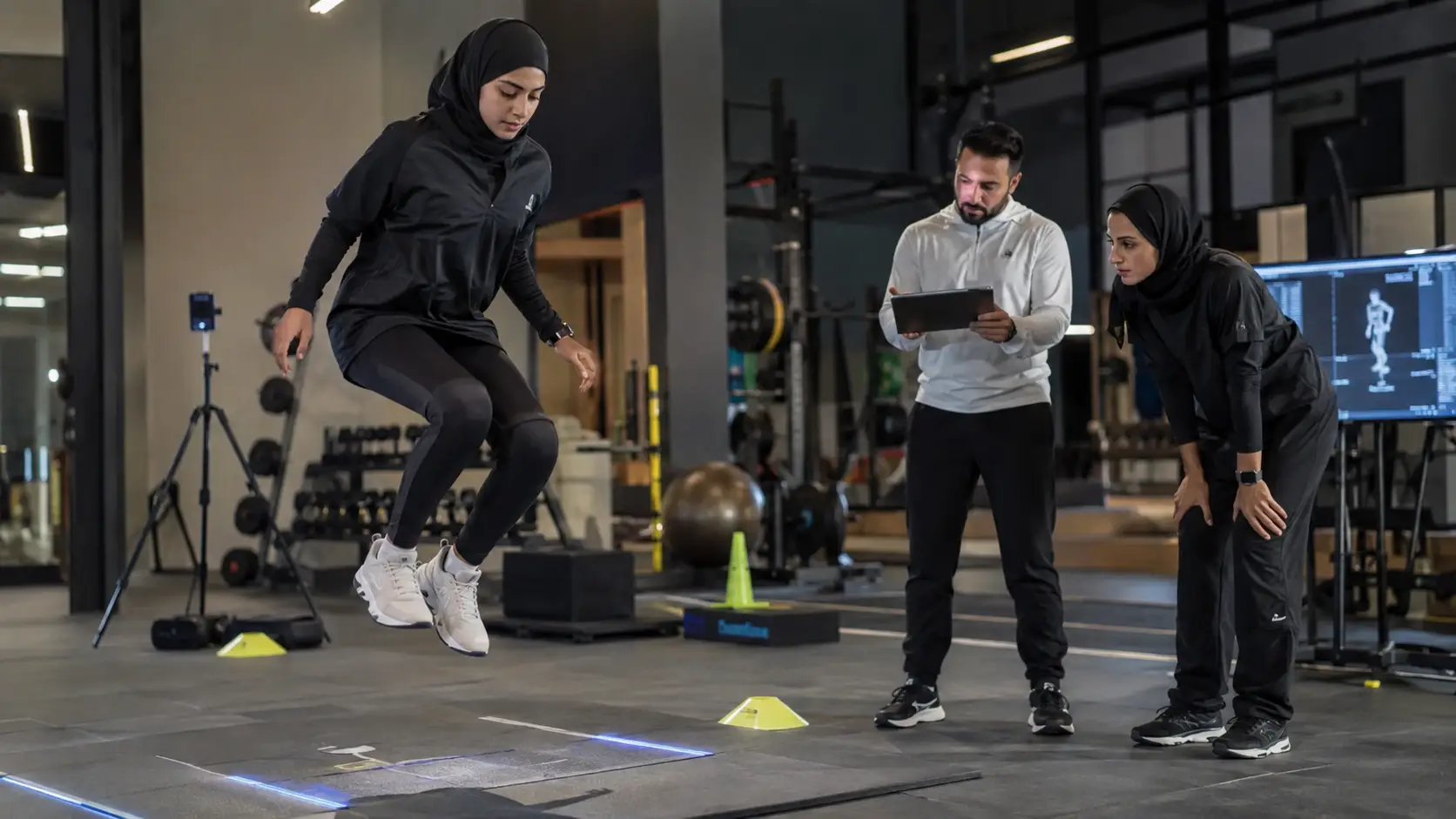 Athlete performs jump exercise while coach observes and another person watches in a gym setting