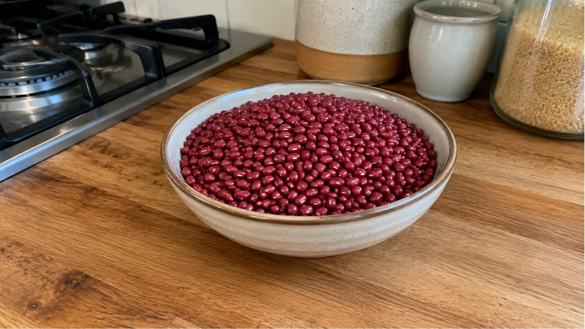 dry small red beans in a ceramic white bowl on a home kitchen counter