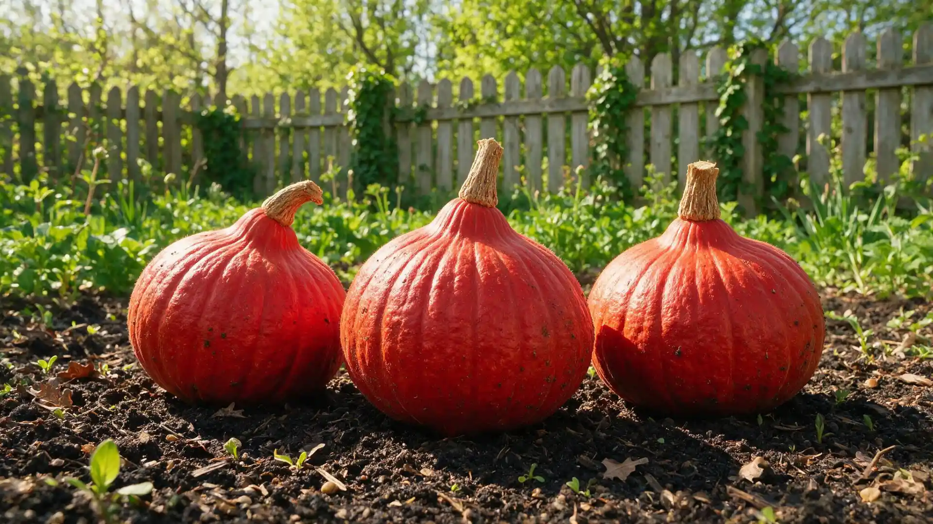 red kuri squash in a garden patch