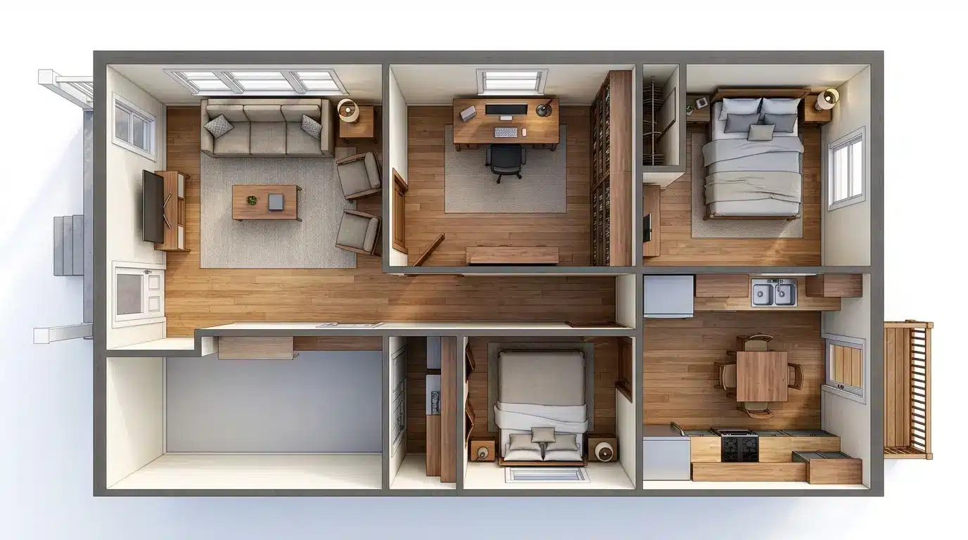 a render of a two-bedroom apartment showcasing the layout and design of living spaces and bedrooms