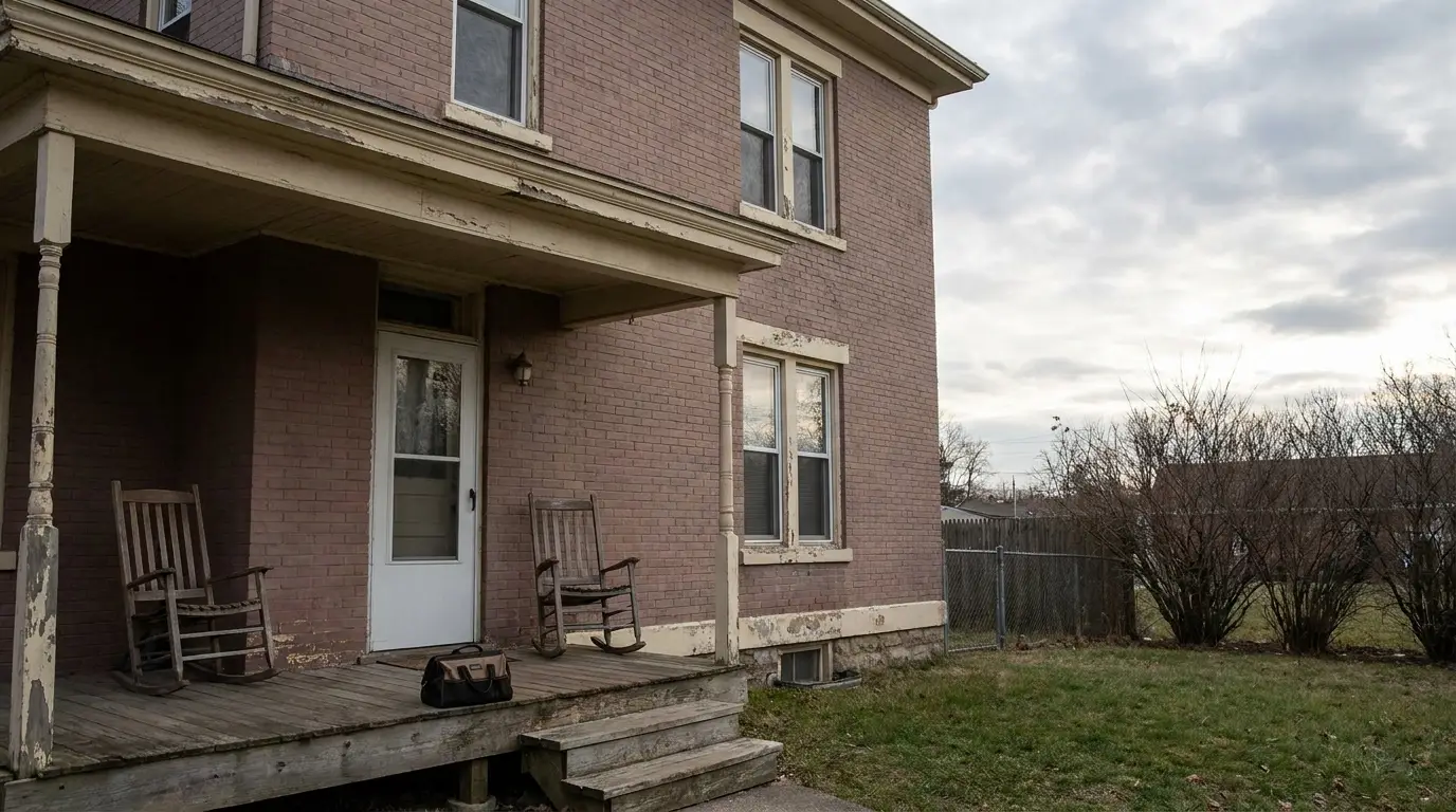 Old brick house with wooden porch and rocking chairs under cloudy sky