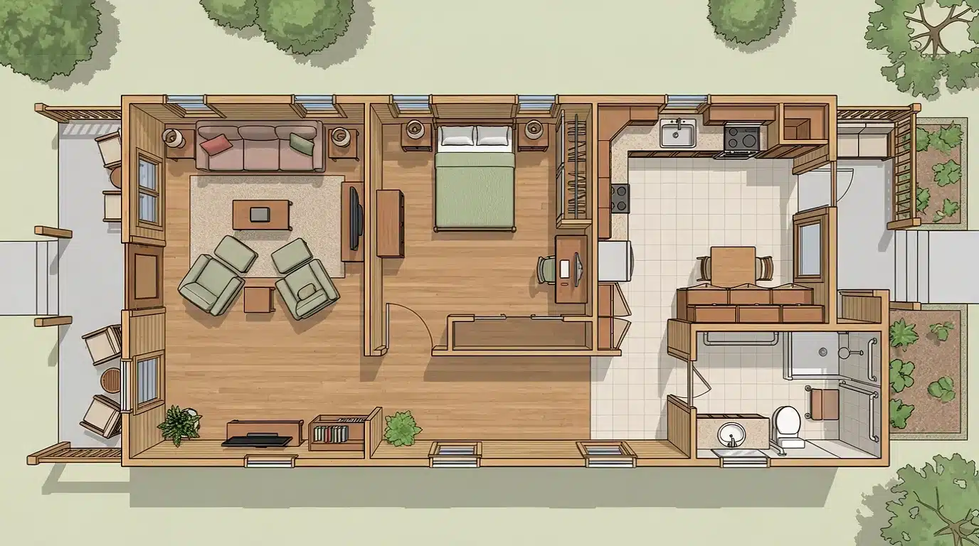 small cabin floor plan showcasing the arrangement of living room, kitchen, and bedroom spaces