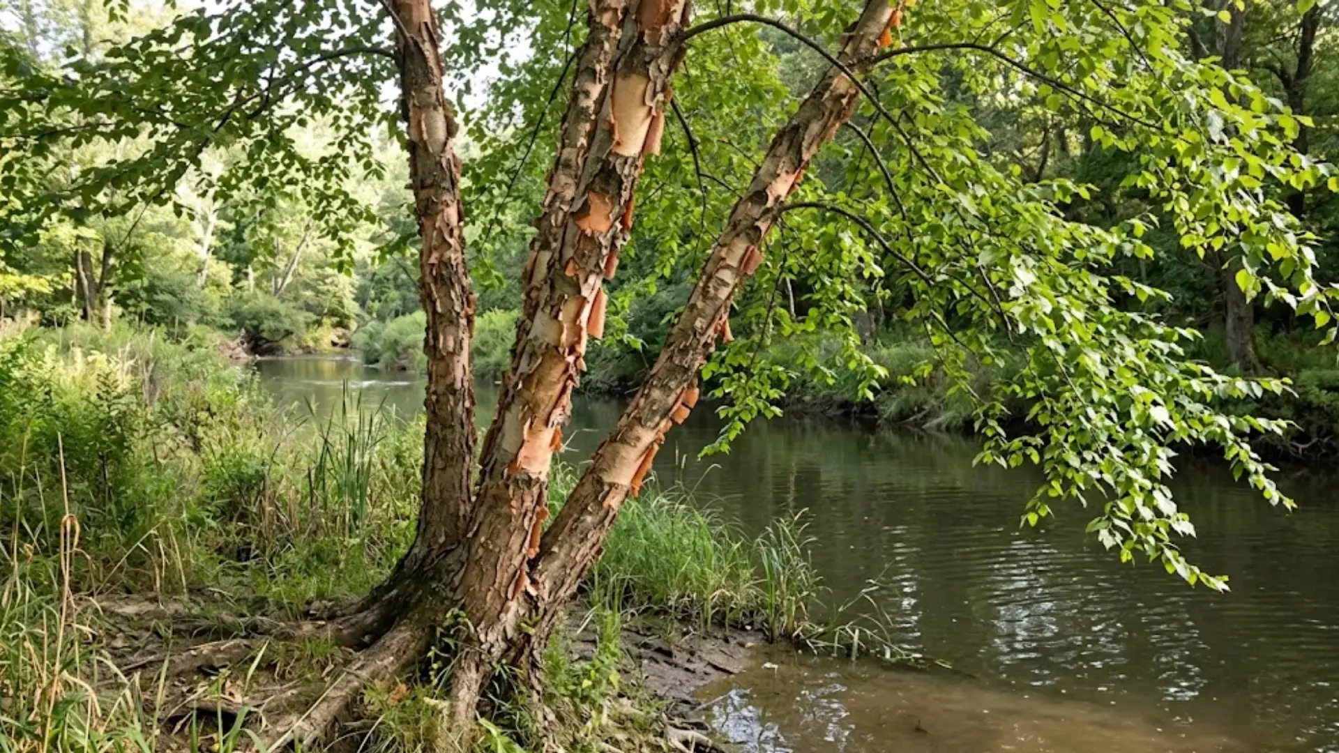 curly pink and brown peeling bark on a leaning multi-trunk river birch beside a calm, gently flowing river bank