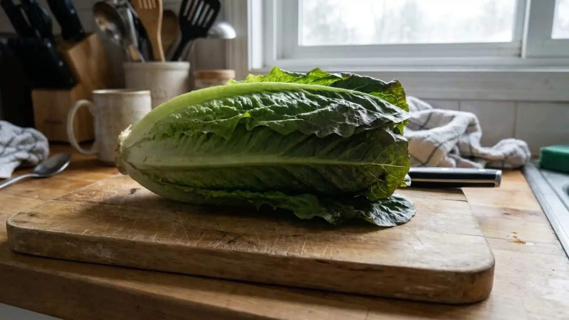 whole romaine lettuce head on a wooden cutting board in natural light